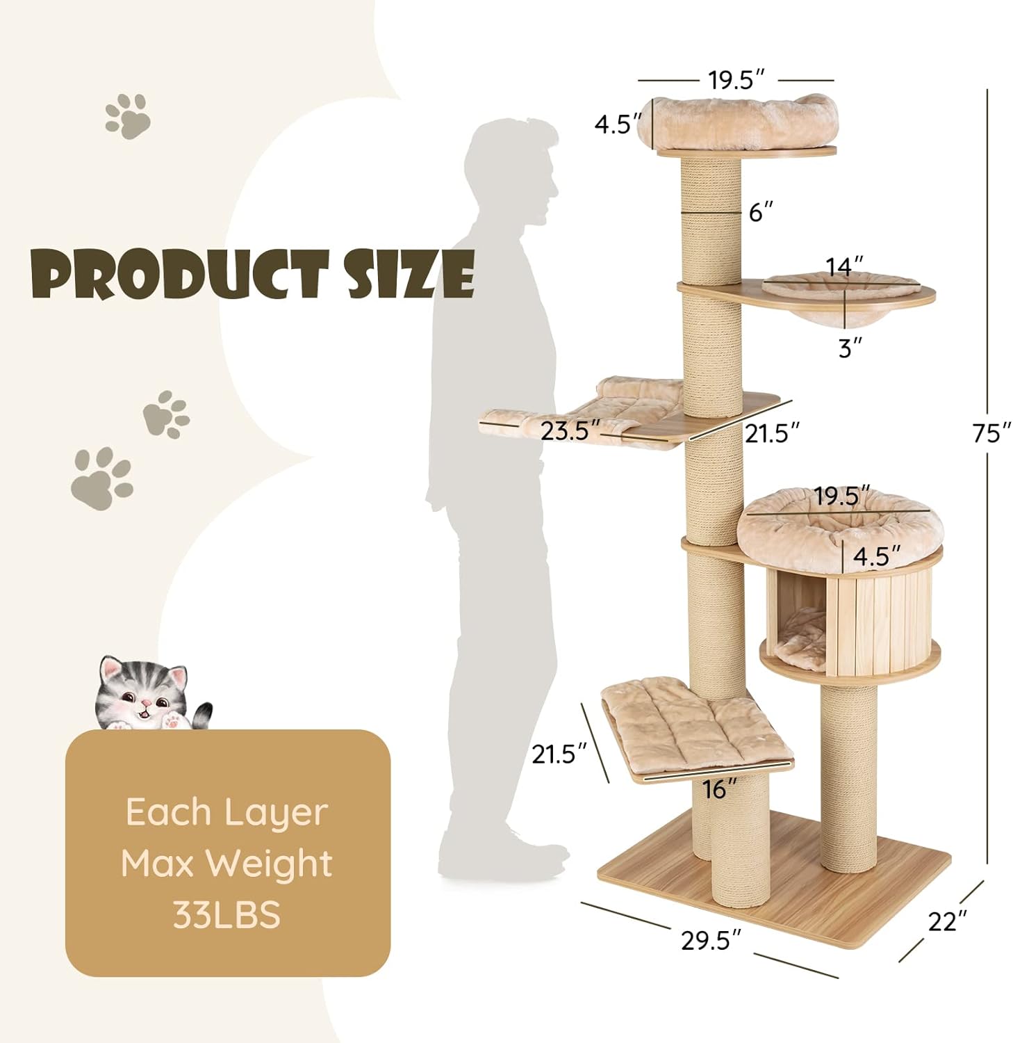 Grand arbre à chat, tour à plusieurs niveaux avec poteau en sisal, hamac, panier suspendu et tapis amovibles et lavables, parfait pour les grands chats