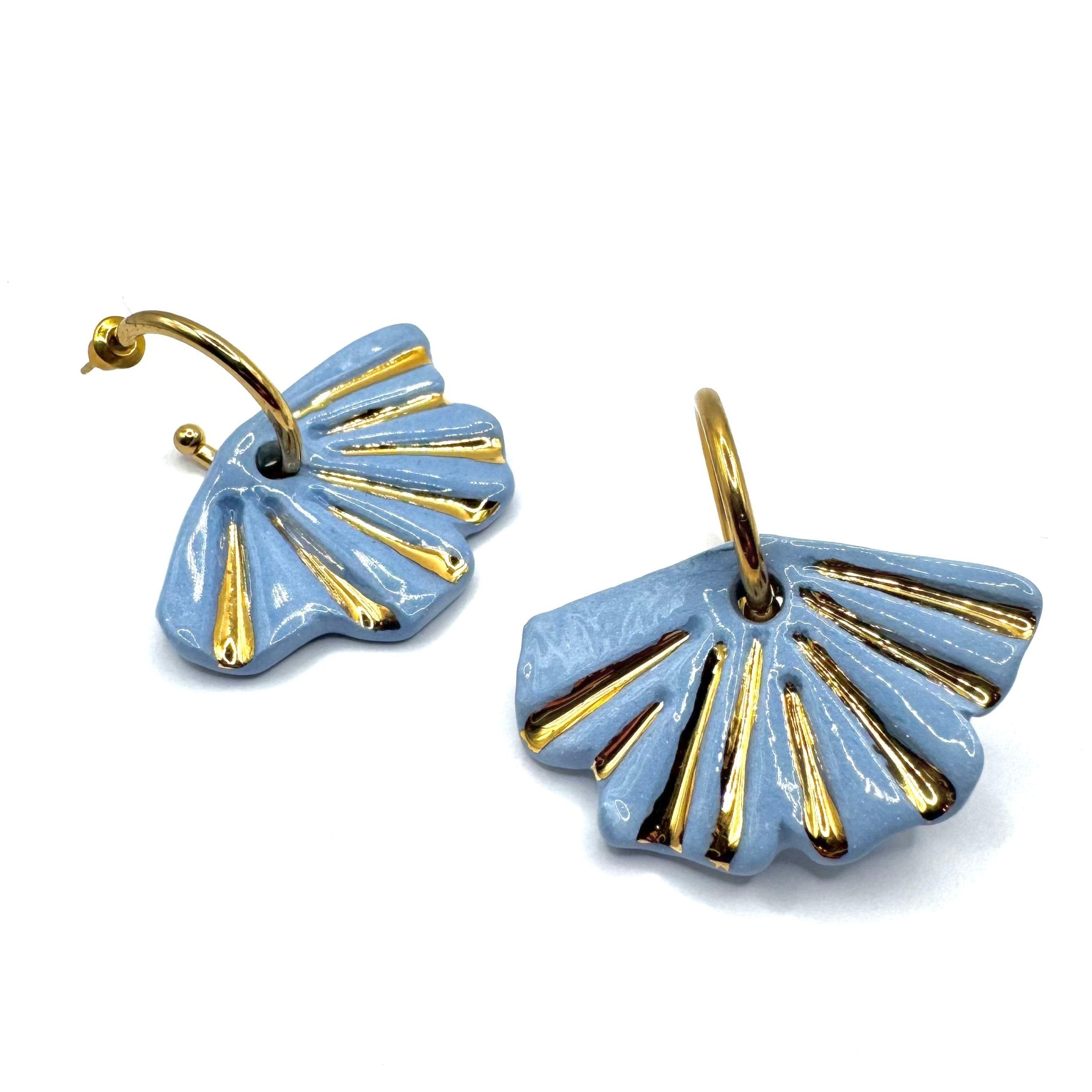 Selene | Handcrafted light blue ceramic dangle earrings with golden details