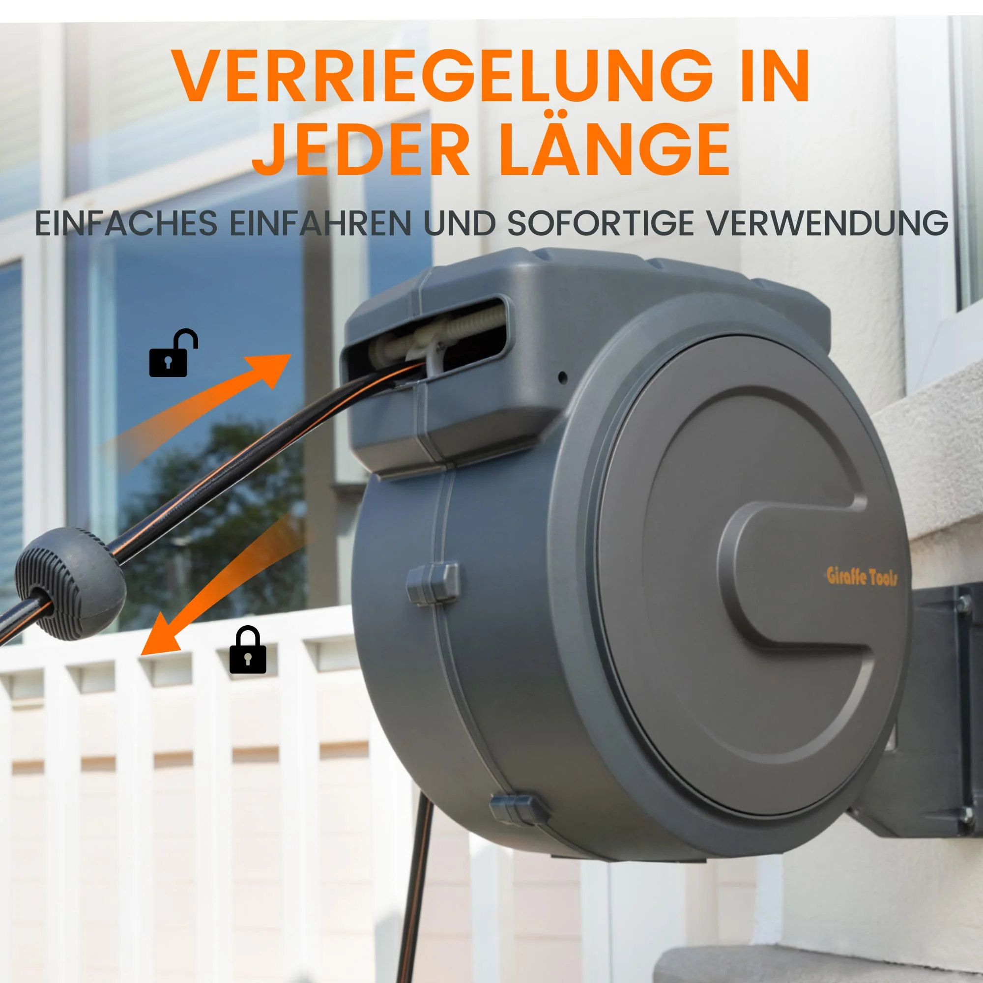 2025 Giraffe Tools automatisk vægmonteret slangeoprullerboks 35m + 2m. 180° roterende slangeopruller med 7 justerbare dyser og tilslutningsslange
