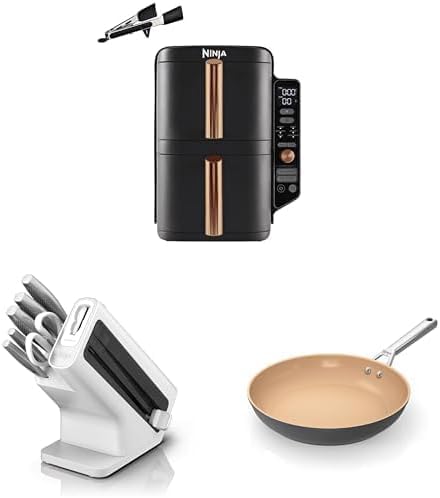 2025 Ninja Double Stack XL varmluftfrituregryde. 9,5 L sort/kobber SL400EUCP + Ninja knivblok med integreret sliber. Hvid. K62006EUWH + Ninja keramisk stegepande 28 cm. Terrakotta og grå. CW90028DE