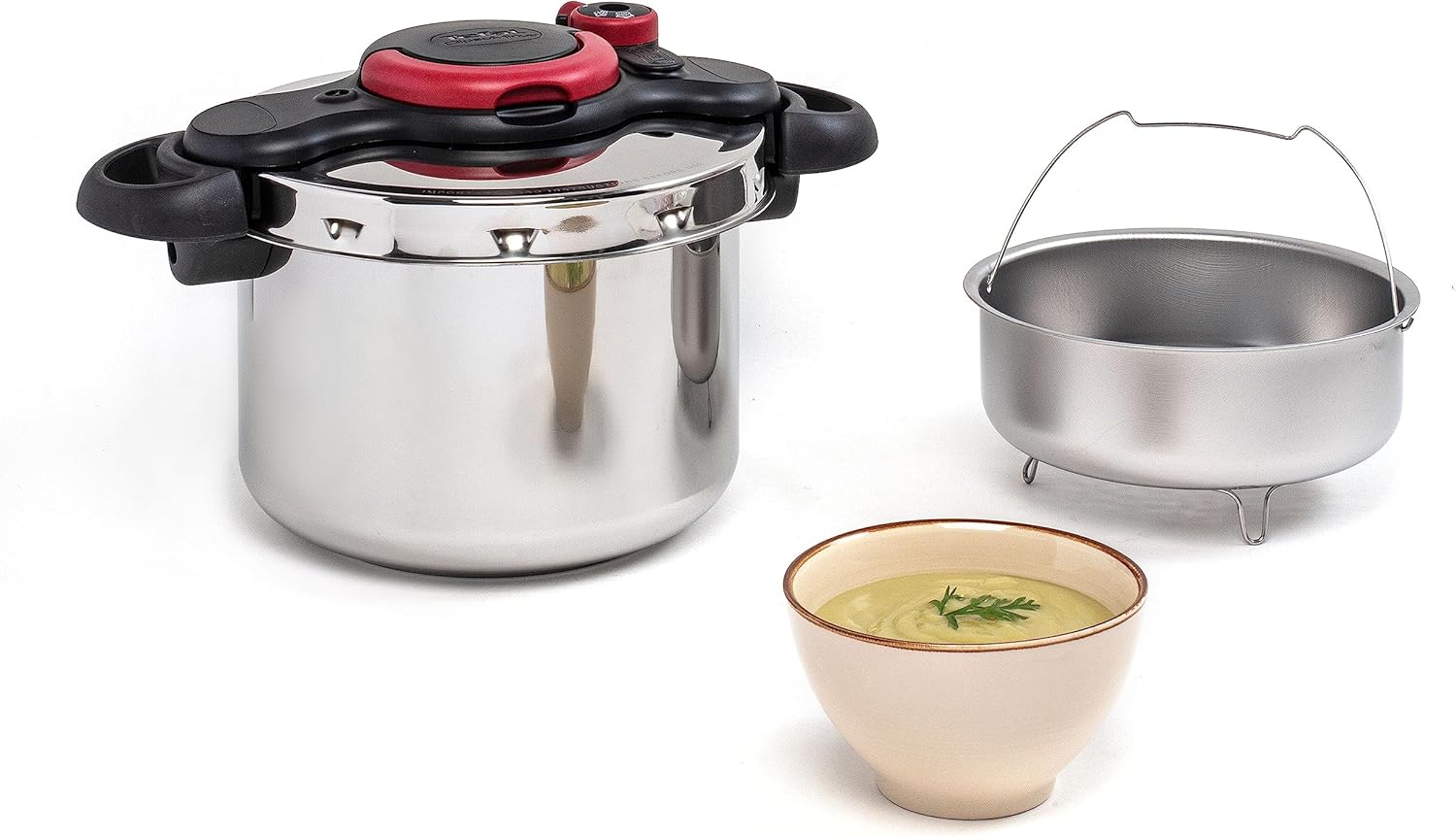 Tefal P47051 Clipso Minut Duo Aluminium-Schnellkochtopf mit 5 Sicherheitssystemen und einfacher Einhandbedienung, Grau/Rot, 5 l