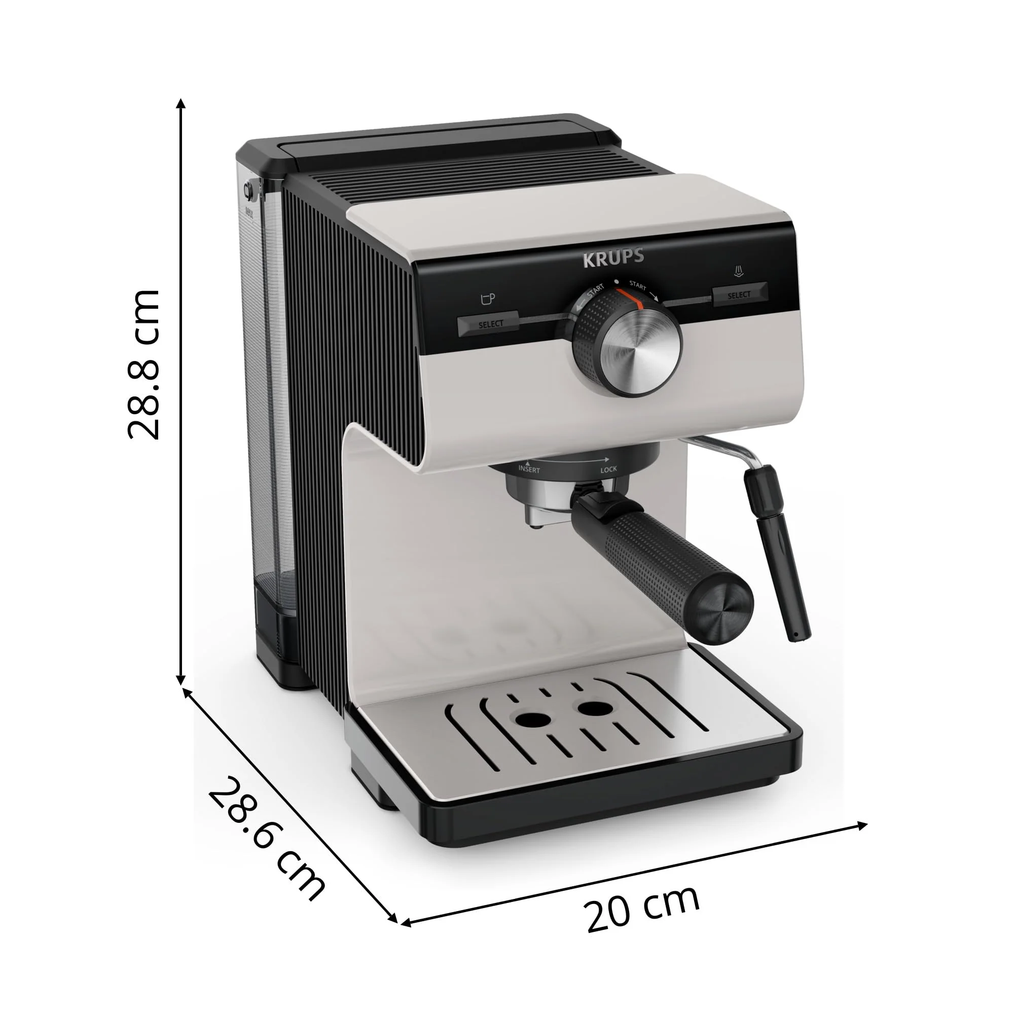 Machine à expresso Krups Virtuoso Essential - 15 bars. Acier inoxydable noir. Design compact et élégant. Arrêt automatique. Expresso et cappuccino. Thermobloc. Buse vapeur. Doseur inclus. XP4418