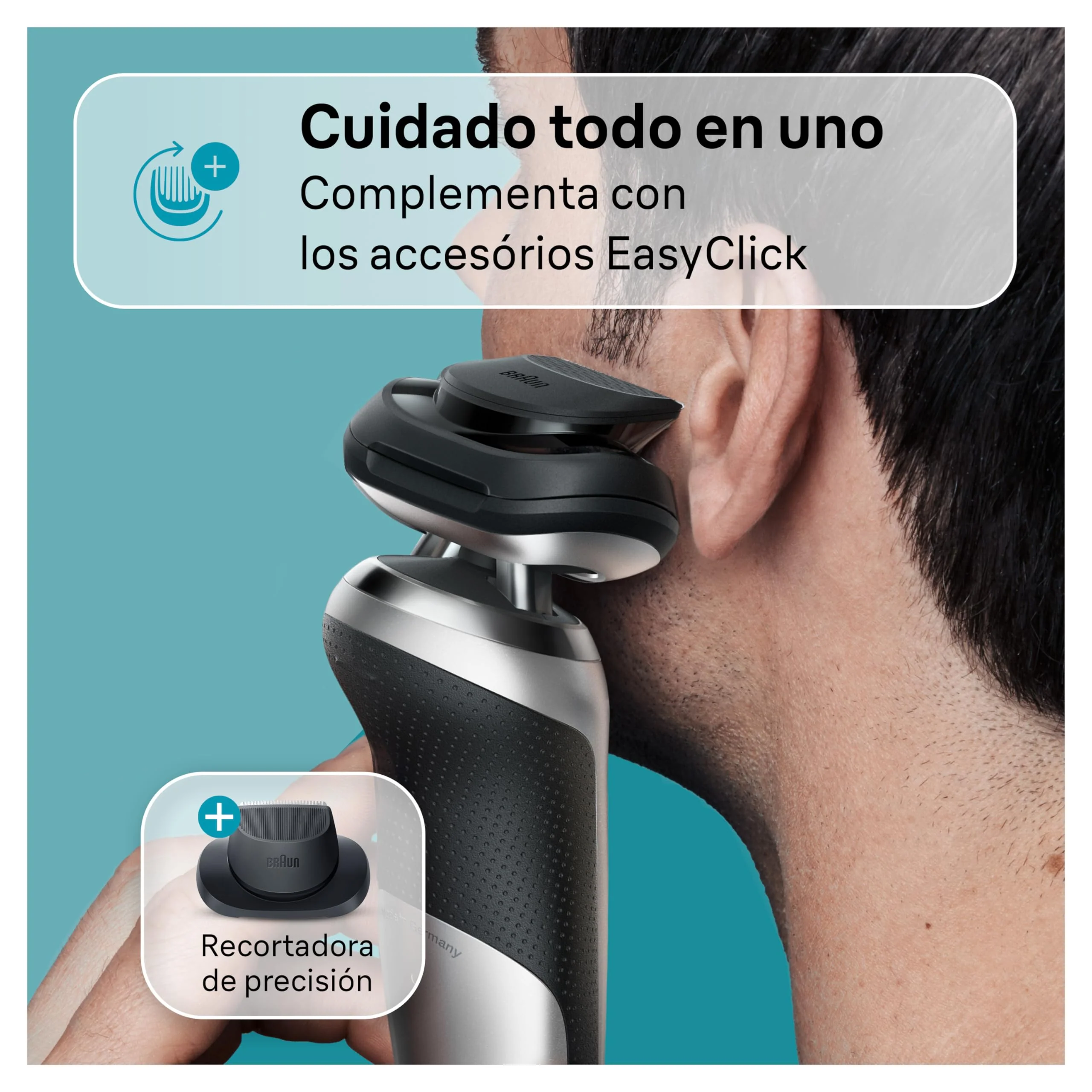 Braun Series 7 elektrisk barbermaskine til mænd. Skægtrimmer med præcisionstrimmertilbehør. Opladningsbase. Våd og tør brug. Genopladelig. Ledningsfri. 71-S4200cs. Sølv