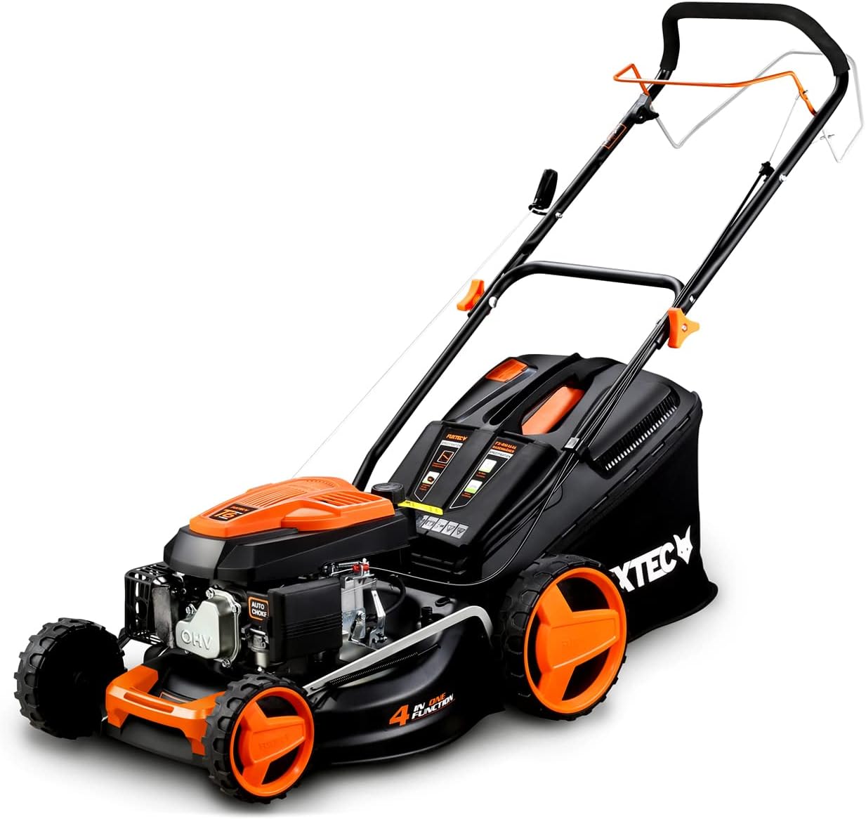 Tondeuse à gazon à essence FUXTEC FX-RM4646ECO, largeur de coupe de 46 cm, puissant moteur à essence de 146 cm³, nettoyage facile, 3 en 1, 2,6 kW, bac de ramassage mulching de 50 l.