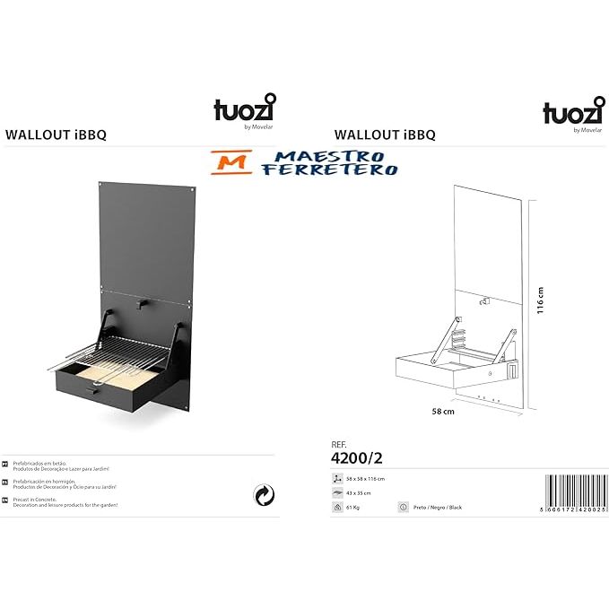 Tuozi – Einbaugrill für Holz und Holzkohle, Modell Wall Ibbq, mit Schutzplatte (Schwarz – 58,5 x 57 x 114 cm) Art.-Nr.: 4200/2