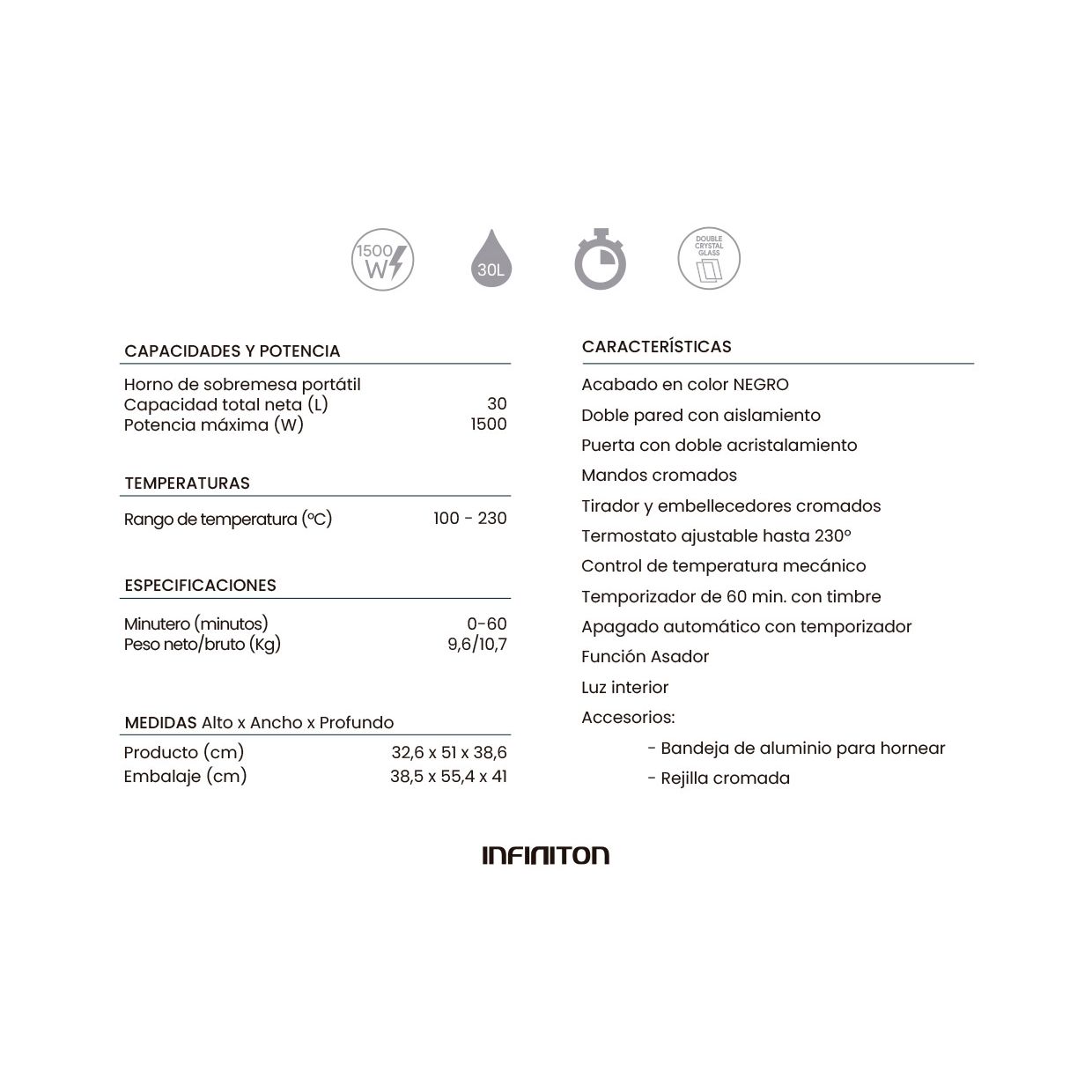 Infiniton HSM-A30N – Tischbackofen, Schwarz, 30 l, 1500 W, Konvektion, Doppelverglasung, Innenbeleuchtung, 60-Minuten-Timer.