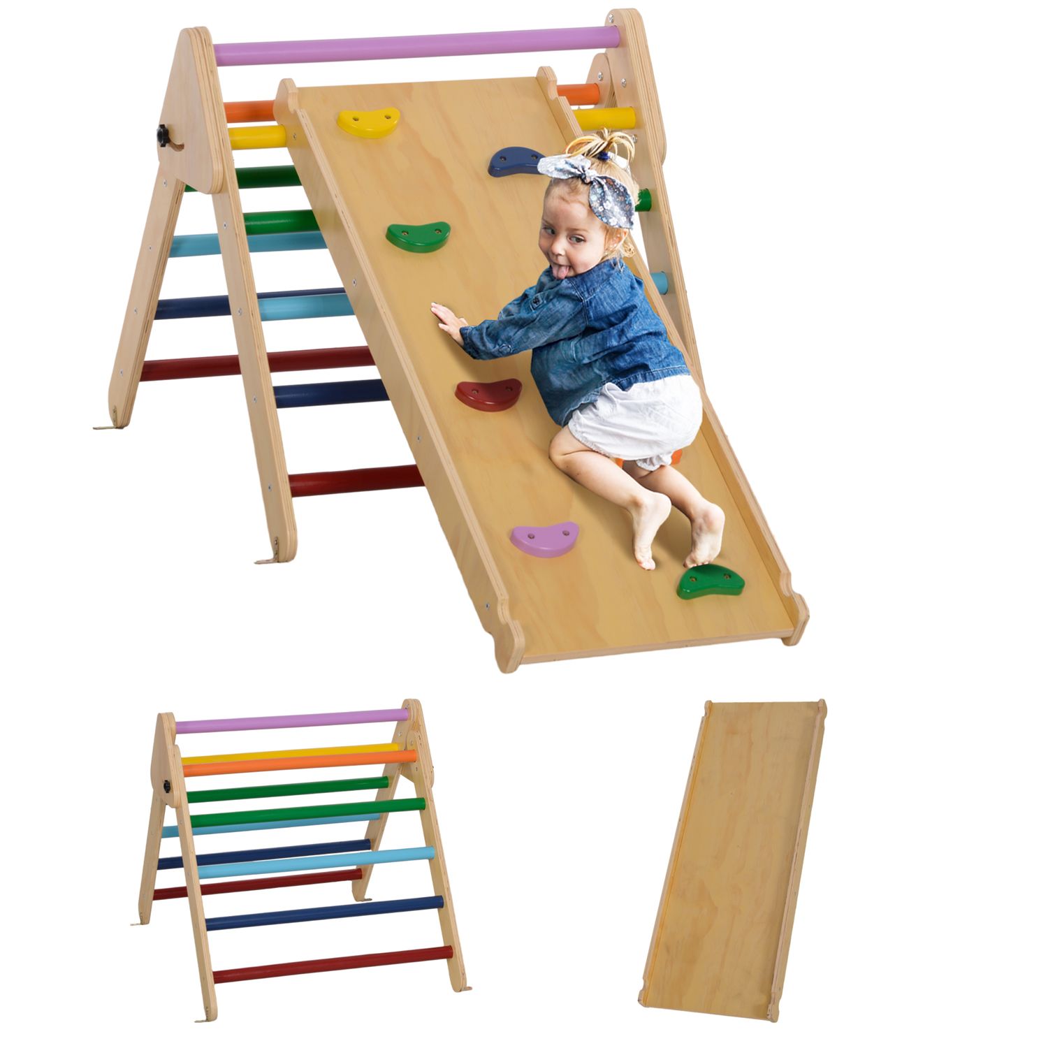 Aiyaplay 3-in-1 Kletterdreieck aus Holz mit Rampe, mehrfarbig