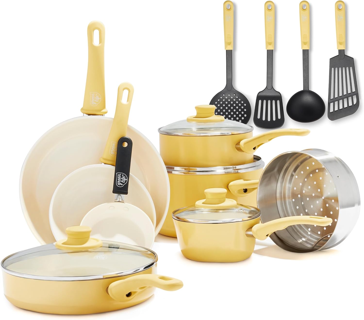 GreenLife Soft Grip 16-teiliges Antihaft-Keramik-Kochgeschirr-Set, bestehend aus Bratpfanne, Stielkasserolle und Topf, PFAS-frei, spülmaschinenfest, ofenfest, türkis