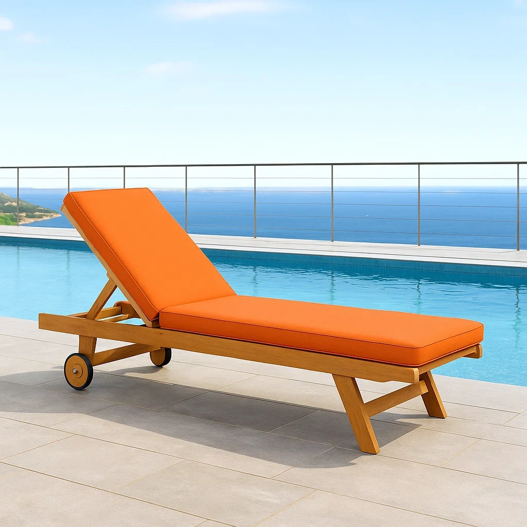 Transat de jardin orange en bois avec coussin et roulettes, pour usage extérieur, 197 x 60 x 85 cm