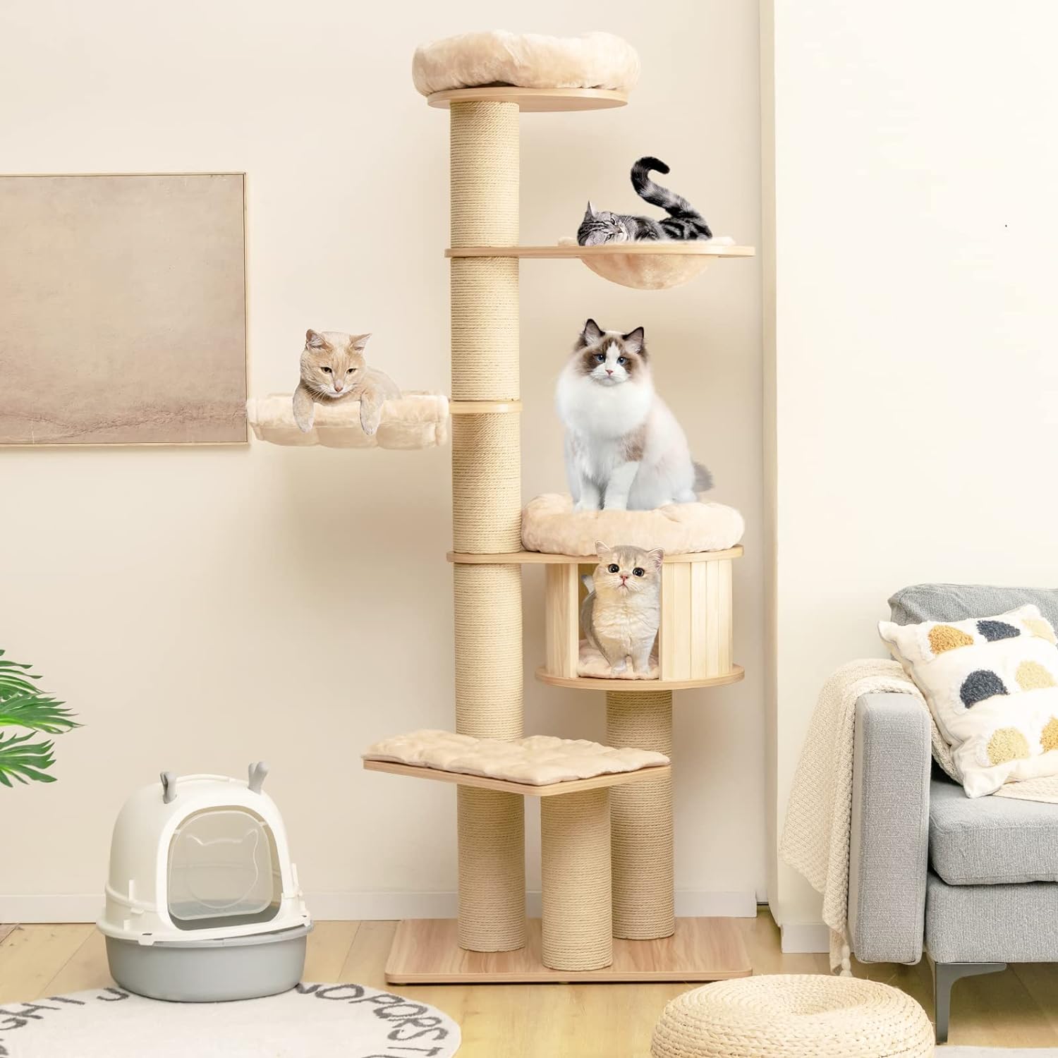 Grand arbre à chat, tour à plusieurs niveaux avec poteau en sisal, hamac, panier suspendu et tapis amovibles et lavables, parfait pour les grands chats