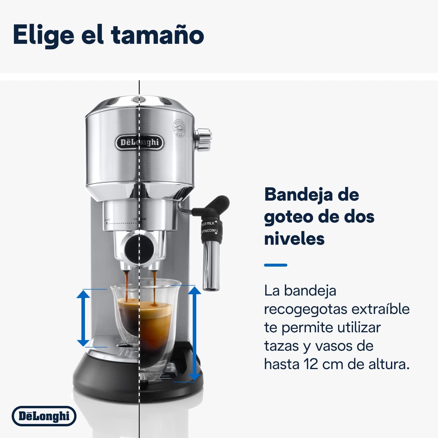 De'Longhi Dedica – Cafetière à pompe en acier inoxydable pour café moulu ou individuel, expresso et cappuccino, réservoir de 1,3 litre, système anti-goutte, modèle EC685.M, couleur métal