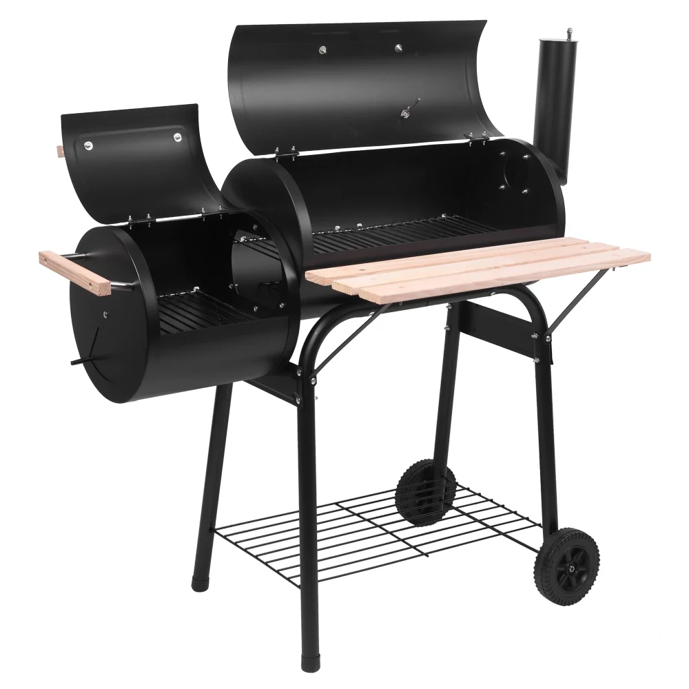 UBesGoo tragbarer Holzkohlegrill mit seitlichem Räuchereinsatz aus Stahl für Camping. Schwarz.