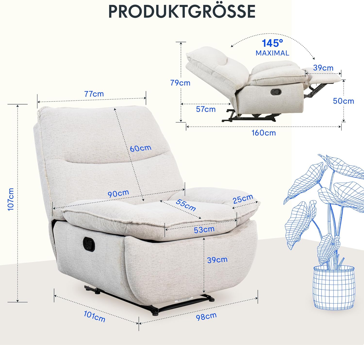 FLEXISPOT XC6 Relaxsessel, Drehsofa mit Wippfunktion, TV-Sessel mit verstellbarer Rückenlehne, Liegesessel für Schlafzimmer, Wohnzimmer und Heimkino (Beige)