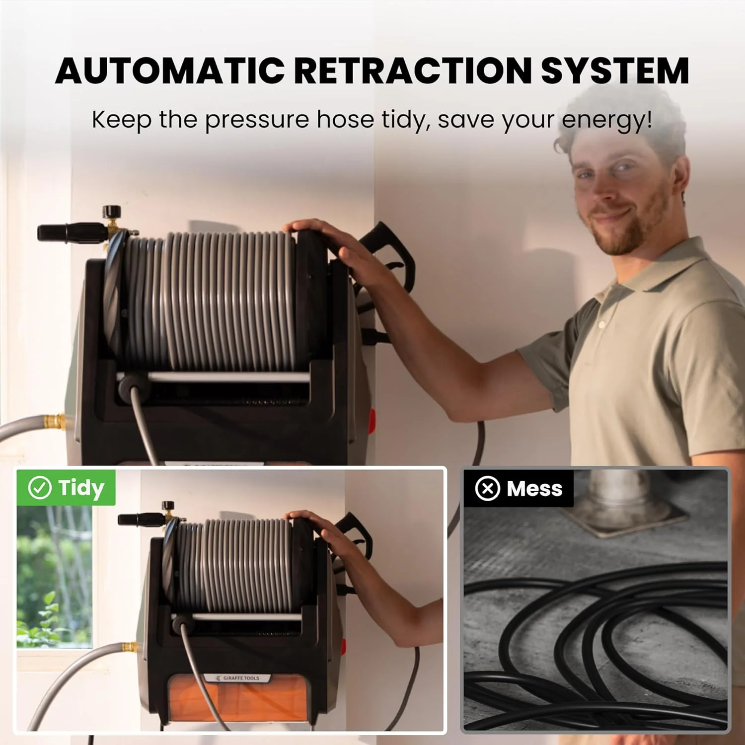 Giraffe Tools Grandfalls vægmonteret højtryksrenser – 2900 PSI. 2,2 GPM. 31 m udtrækkelig slange. Skumkaster. 4 hurtigkoblingsdyser.
