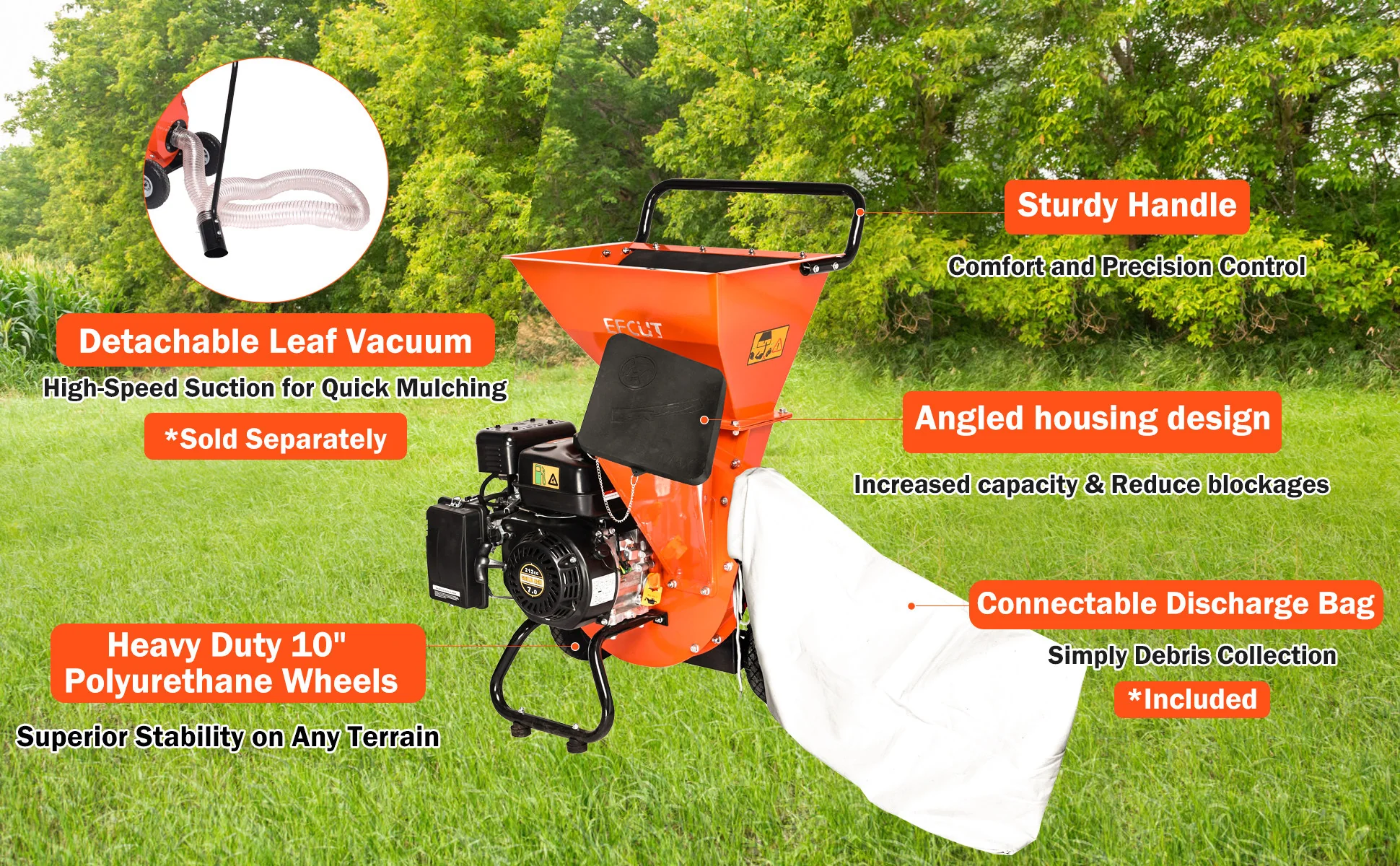 2025 EFCUT 3-i-1 flishugger og kompostkværn – 7 HK 212cc benzindrevet flishugger og kompostkværn. Dobbelt tragt. Maks. kapacitet 1,4 kg – Med opsamlingspose