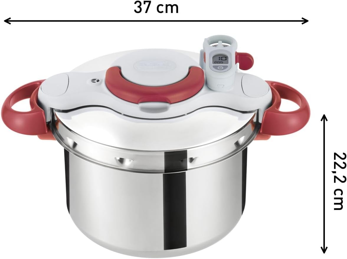Tefal P47051 Clipso Minut Duo Aluminium-Schnellkochtopf mit 5 Sicherheitssystemen und einfacher Einhandbedienung, Grau/Rot, 5 l