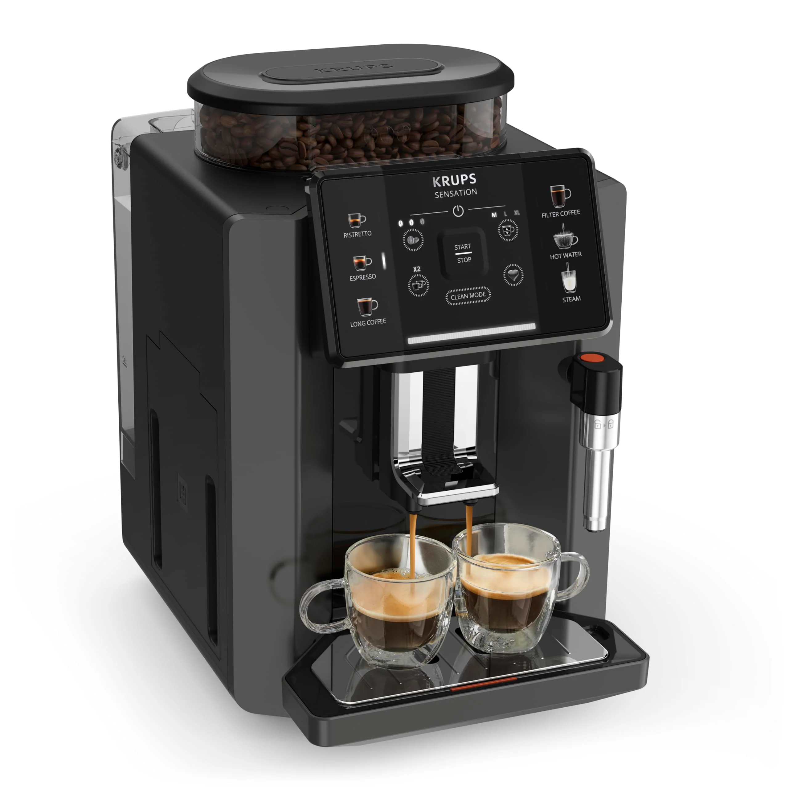 2025 Krups Essential - Superautomatisk Kaffemaskine. 15 bar tryk. Konisk metalkværn. Med valgbar mængde og styrke af kaffe. 1,7 l. 1 kop. Rustfrit stål. LCD-display + mælkekøler.