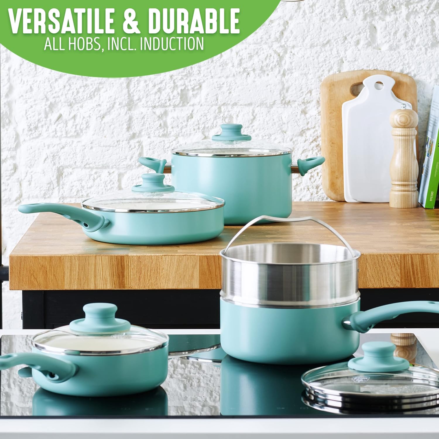 GreenLife Soft Grip 16-teiliges Antihaft-Keramik-Kochgeschirr-Set, bestehend aus Bratpfanne, Stielkasserolle und Topf, PFAS-frei, spülmaschinenfest, ofenfest, türkis