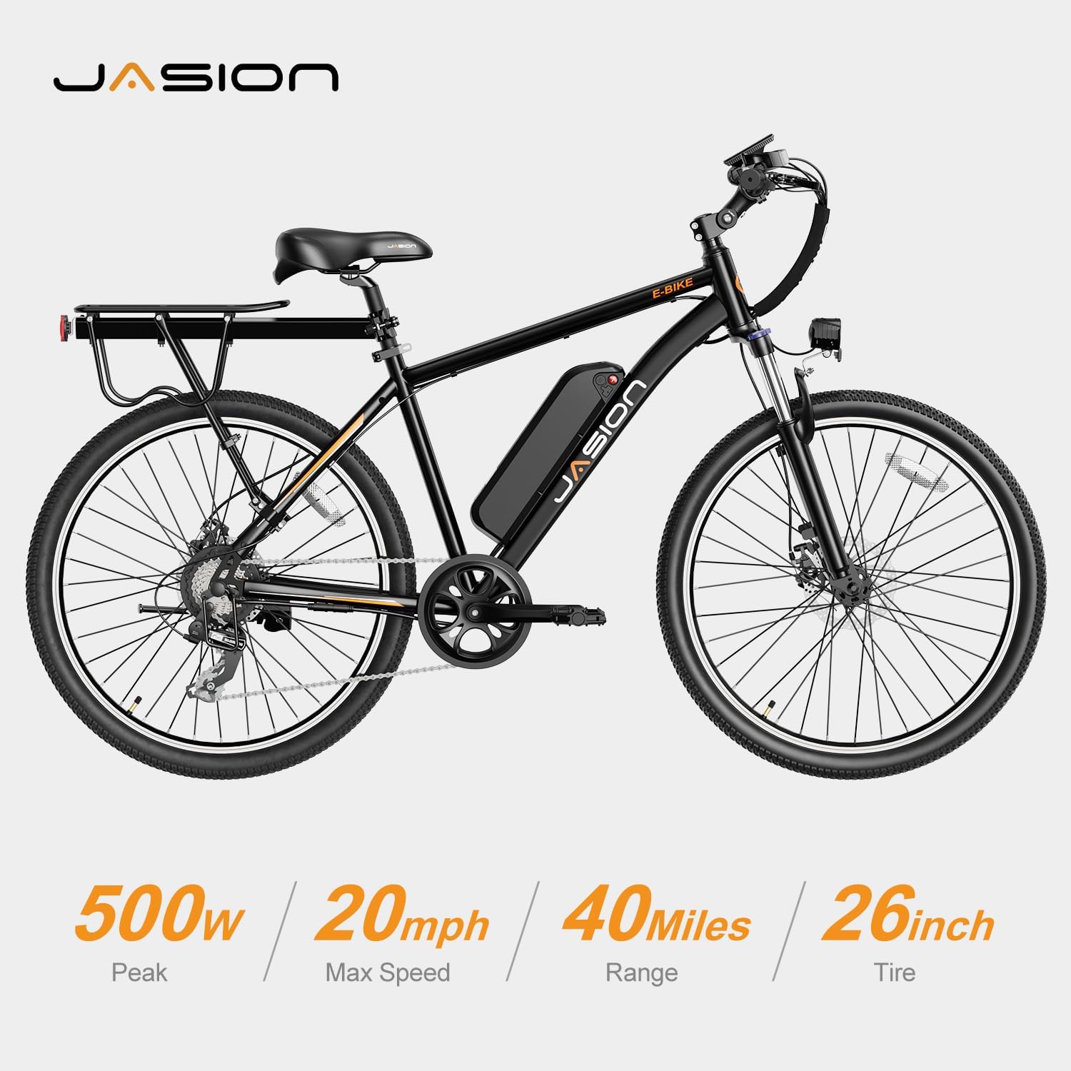 Vélo électrique Jasion EB5 pour adultes avec batterie amovible de 360 ​​Wh, 64 km, 32 km/h, VTT électrique de ville avec moteur de 350 W, 7 vitesses, pneus de 26 pouces et suspension avant.