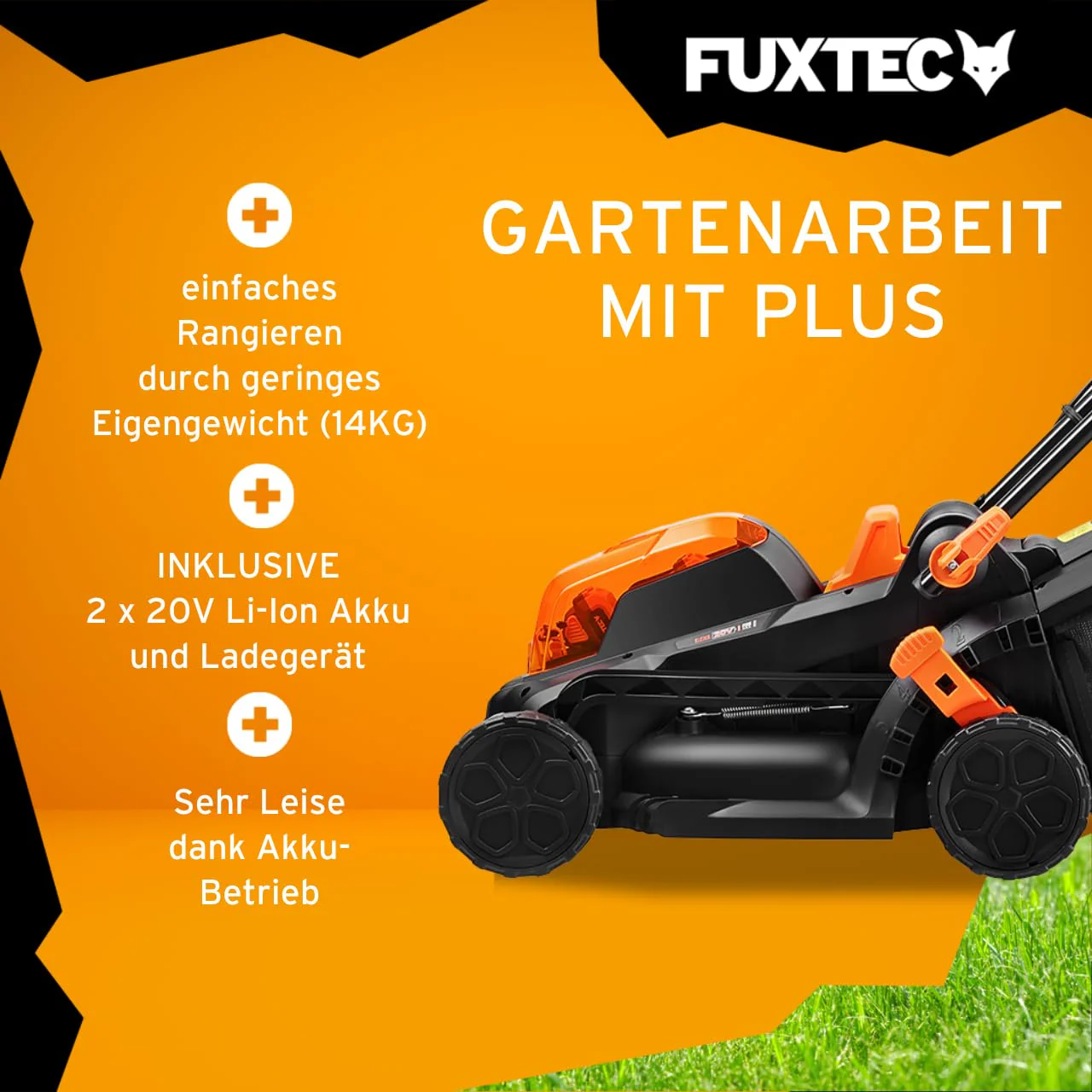 2025 FUXTEC 40V (2x20V) E1RM20 Akku-plæneklipper med 2 x 20V 2Ah Li-Ion-batterier og dobbeltoplader – Klippebredde 33 cm, variabel klippehøjde