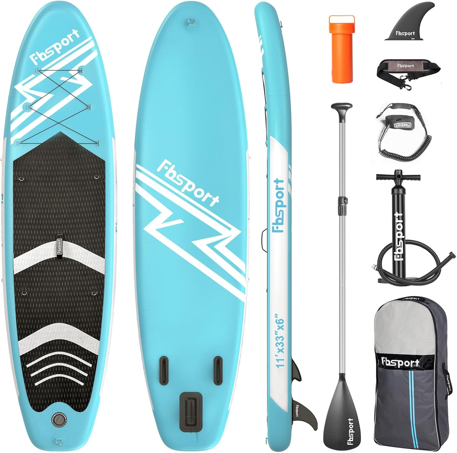 FBSPORT Premium 11-tommer paddleboard, yogaboard med SUP-tilbehør og bæretaske, bred stance, surfkontrol, skridsikkert dæk, snor, padle og pumpe til unge og voksne