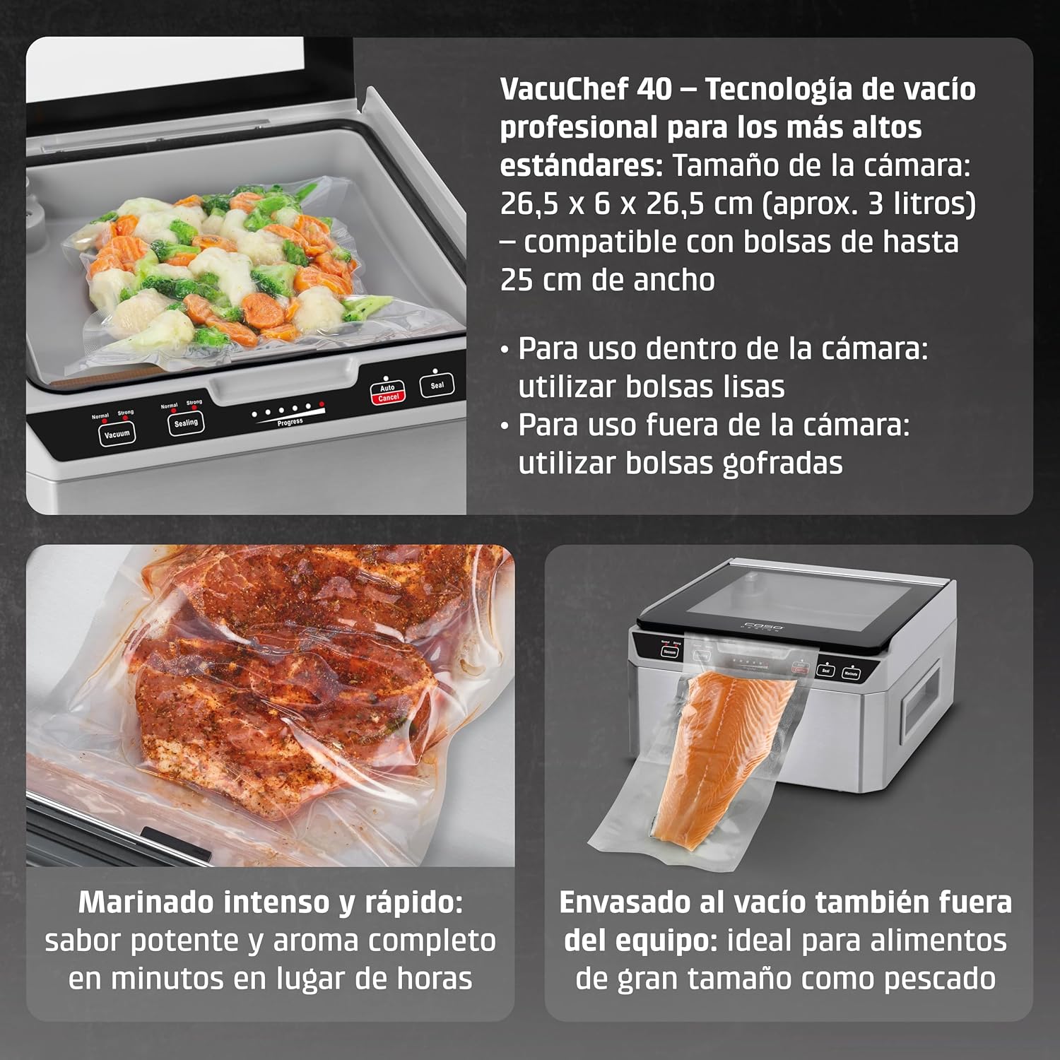CASO VacuChef 40 – Professioneller Kompakt-Vakuumierer – Leistungsstarke Vakuumleistung von 70 l/min – 3-Liter-Kammer – Edelstahl