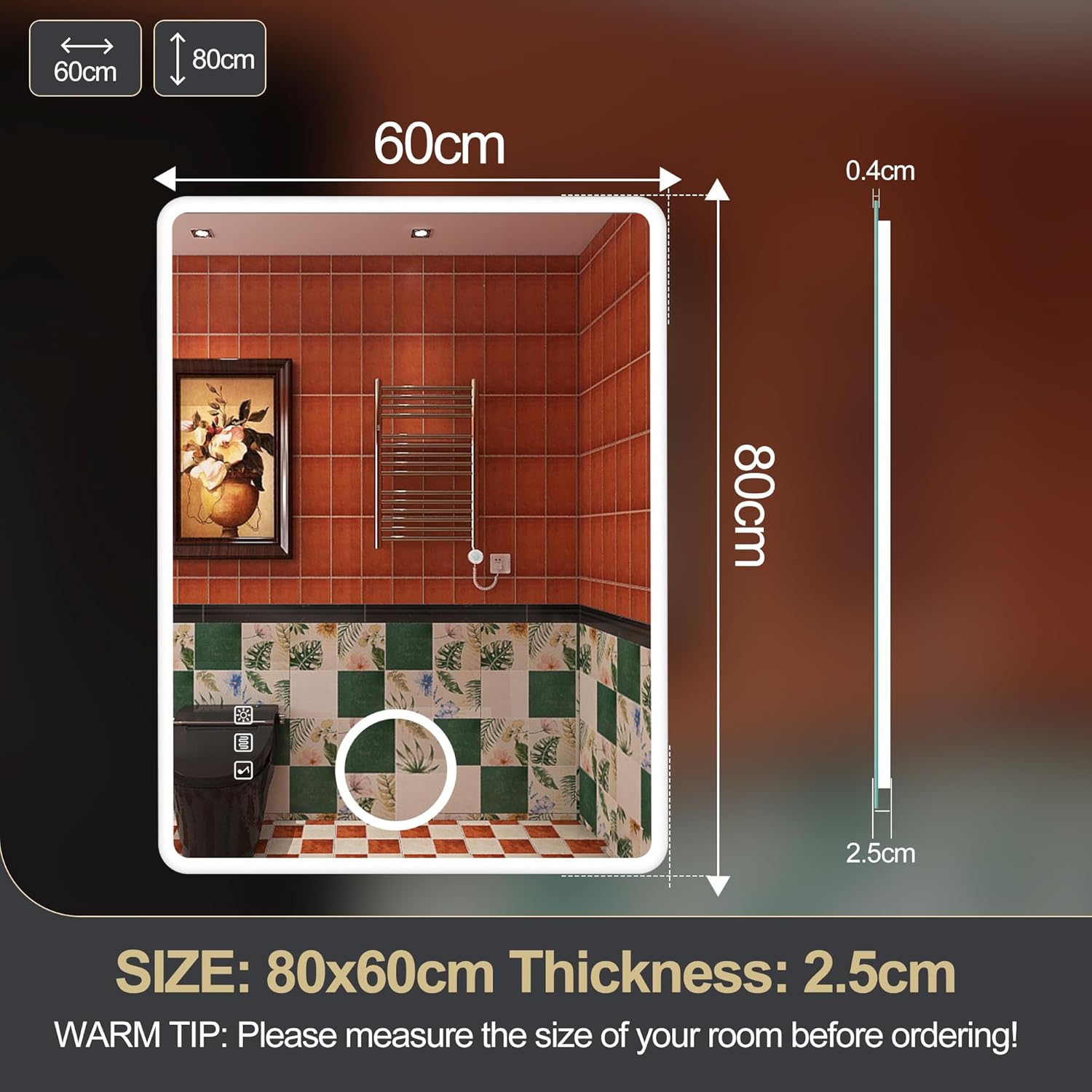 S'bagno badeværelsesspejl med lys 1200x700mm, IP44 - badeværelsesspejl med LED og Bluetooth, antidugfunktion / 3 lysfarver (3000K, 4000K, 6500K) / Dæmpbar / Memory, lodrette eller vandrette badeværelsesspejle med LED