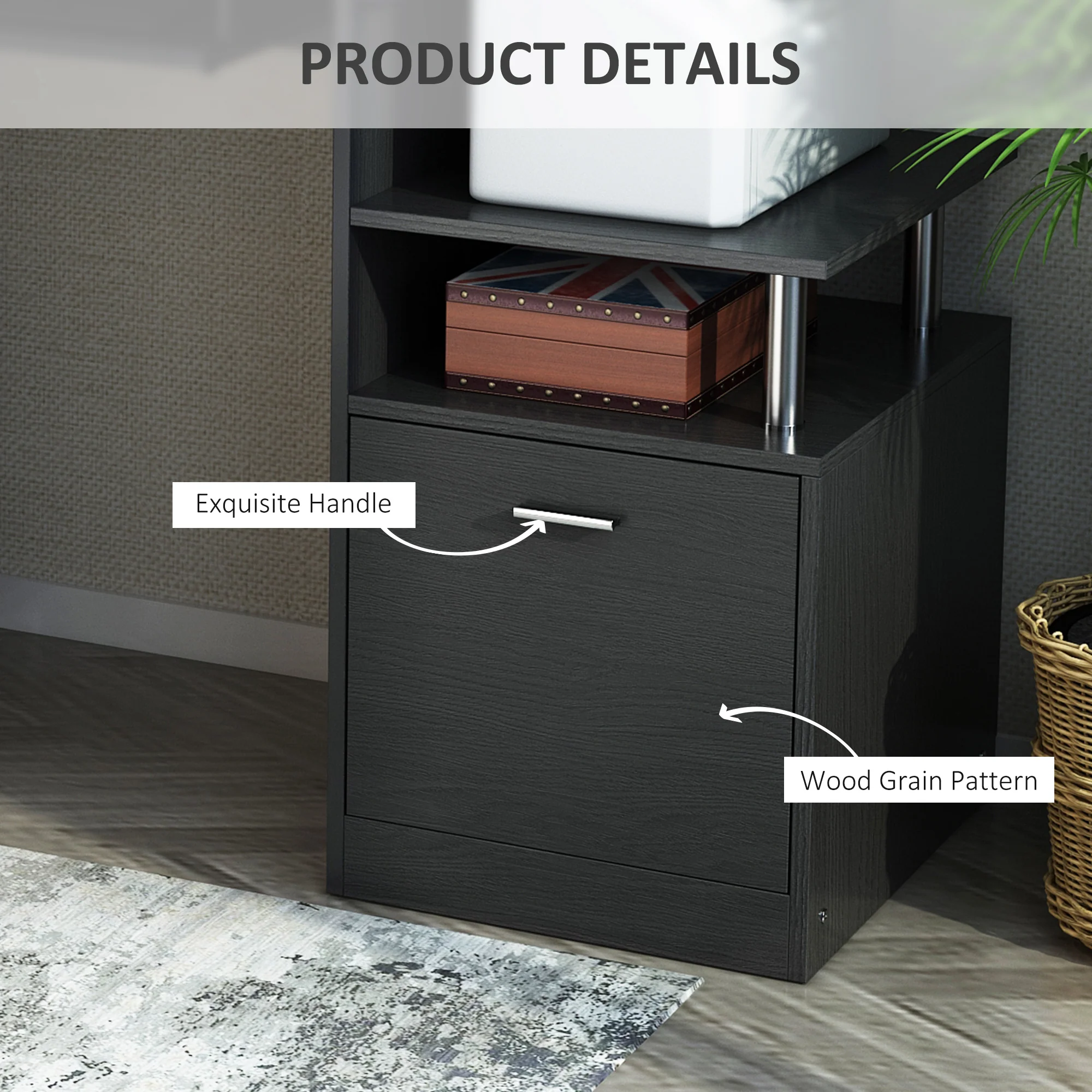 Computerarbeitsplatz mit Schublade und Ablagen. CPU-Ständer. Schreibtisch fürs Homeoffice. Schwarz.