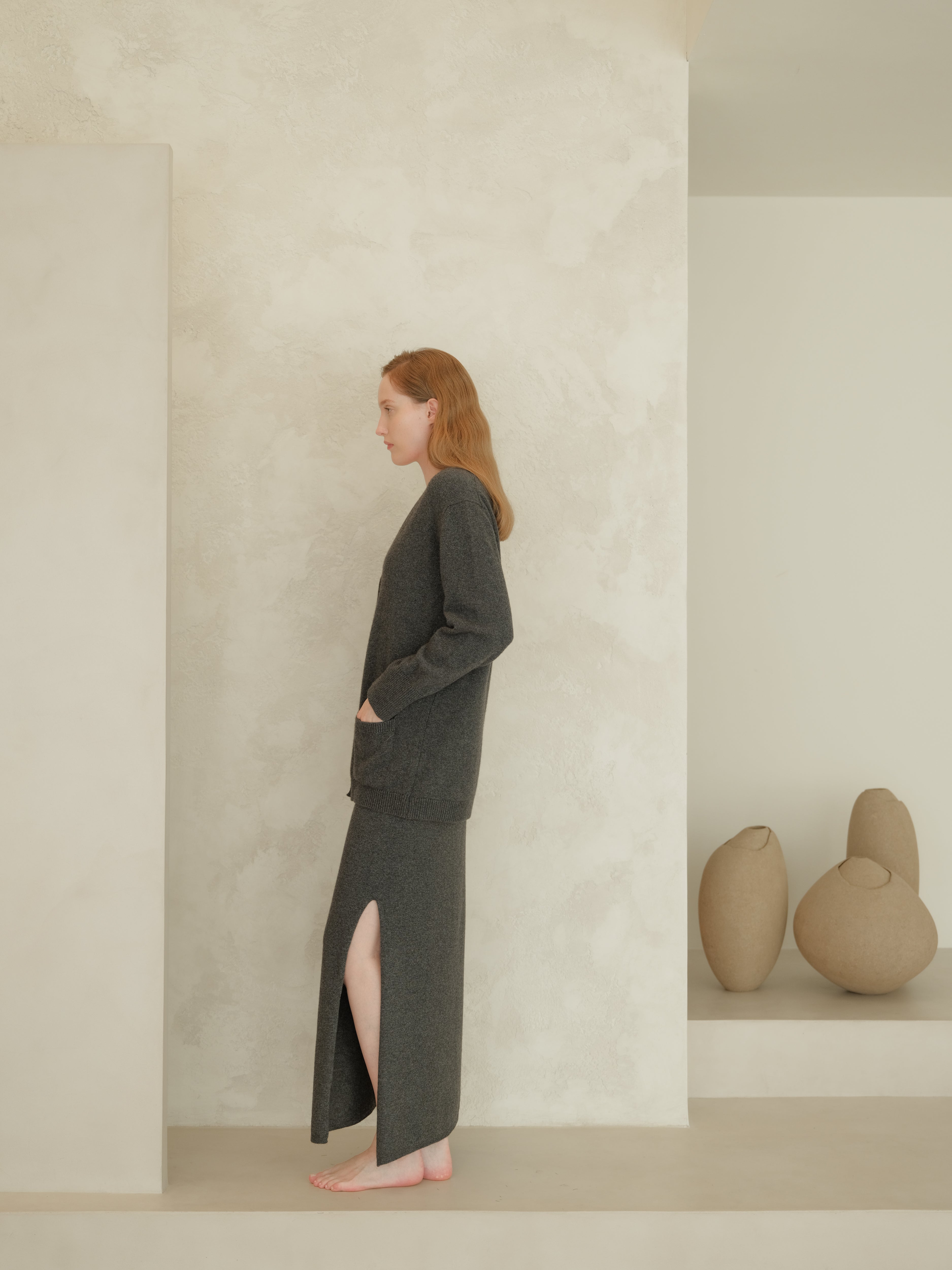 Cashmere Blend High-Waist Long Skirt With Side Slit (3D-Knit)