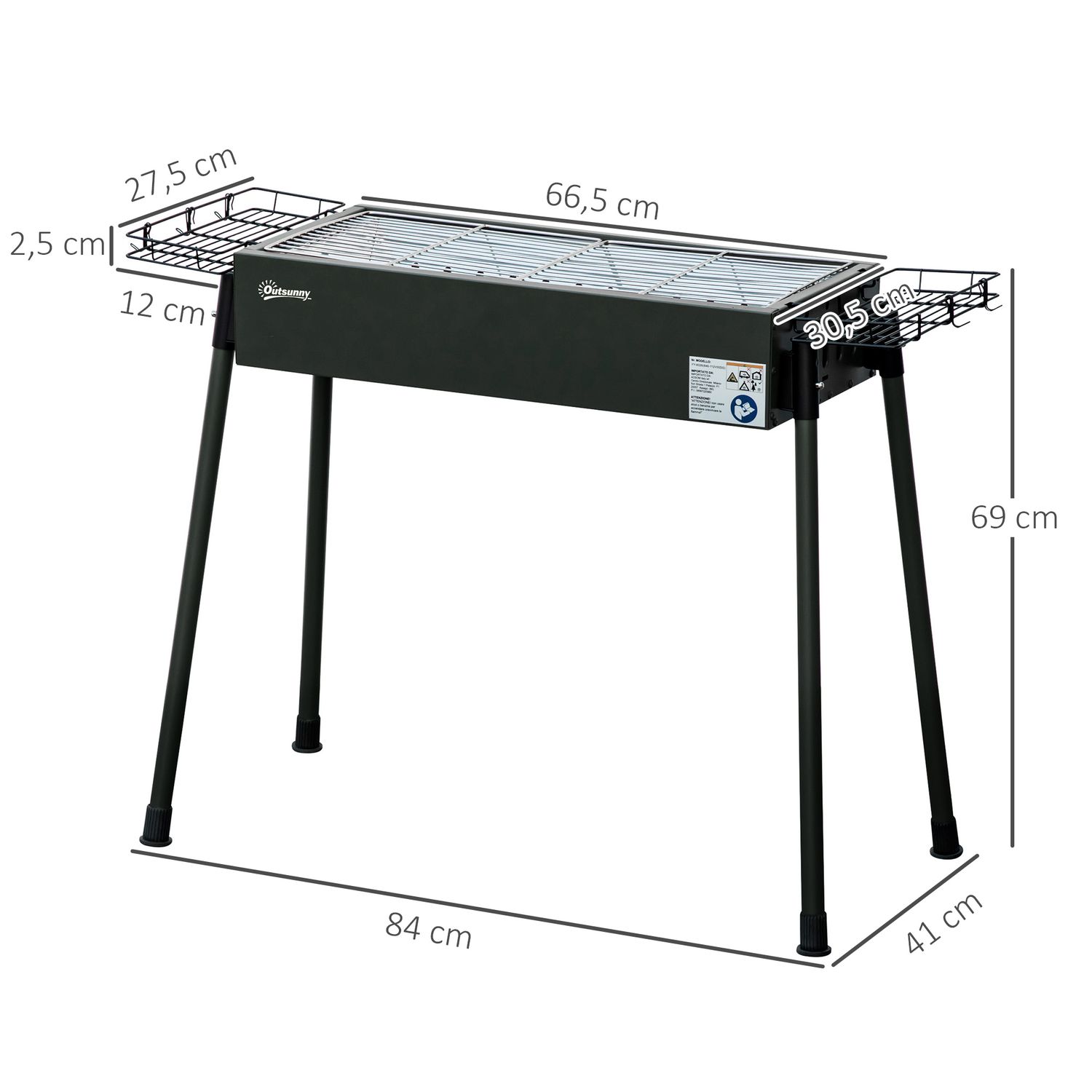 Outsunny Holzkohlegrill, Edelstahl, Metall, 77 x 30 x 70 cm, Schwarz