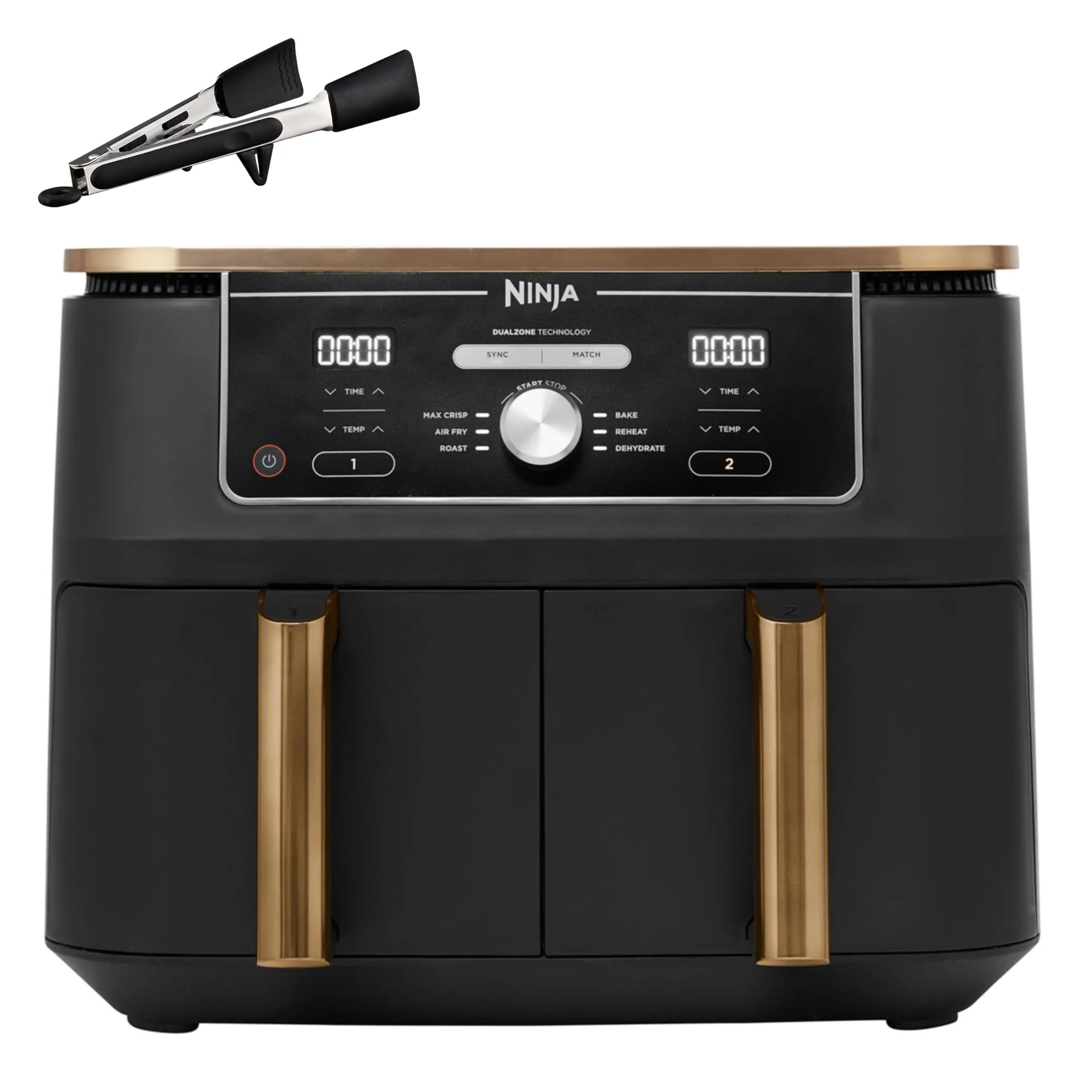 2025 Ninja Foodi MAX Dual Zone Airfryer. 9,5 l. 2 rum. Med tang. Non-stick belægning. Kurve, der tåler opvaskemaskine. 6-i-1. Eksklusiv hos Amazon. Kobber/sort AF400EUCP