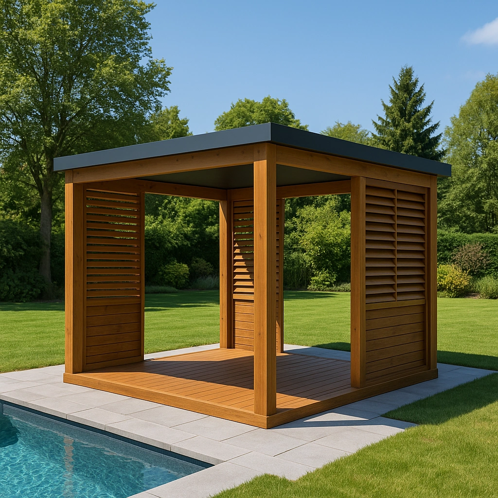 Pavillon en bois marron avec auvent pour jardin extérieur 300x300x300 cm
