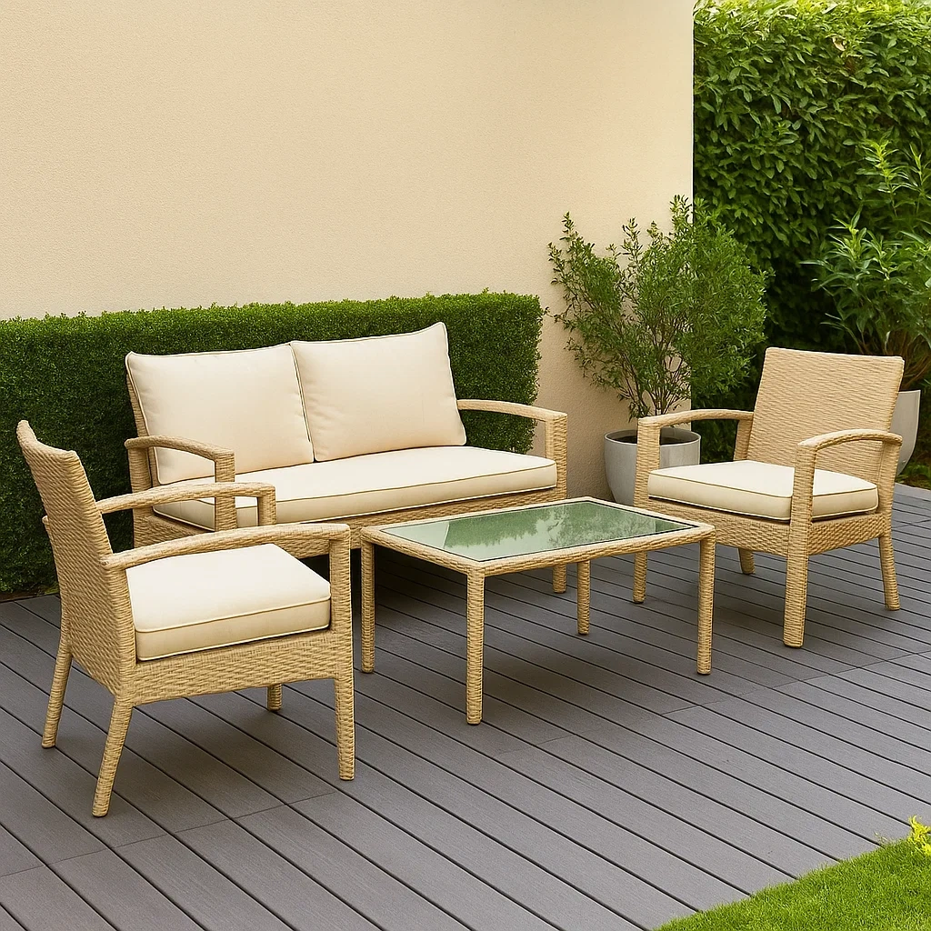Salon de jardin 4 places, bois beige, canapé 140x70x75 cm, fauteuils 70x70x75 cm, table 80x40x40 cm, coussins beiges, installation extérieure pour patio ou terrasse - KdLKtWKv3Kp3
