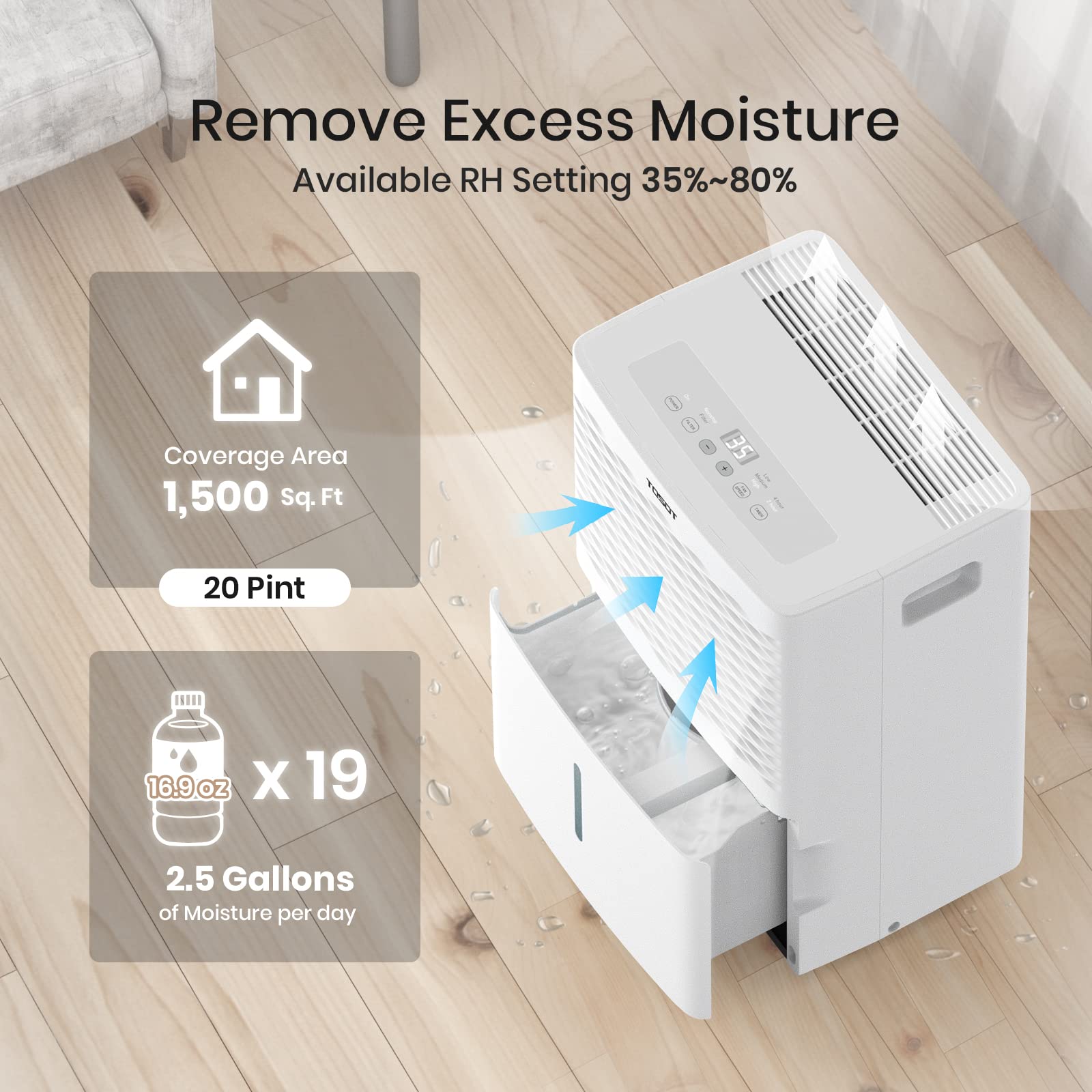 Déshumidificateur TOSOT 2025 de 20 pintes pour 1 500 pi² (140 m²). Certifié Energy Star – pour la maison, le sous-sol, la chambre ou la salle de bain – ultra silencieux (ancien modèle de 30 pintes).