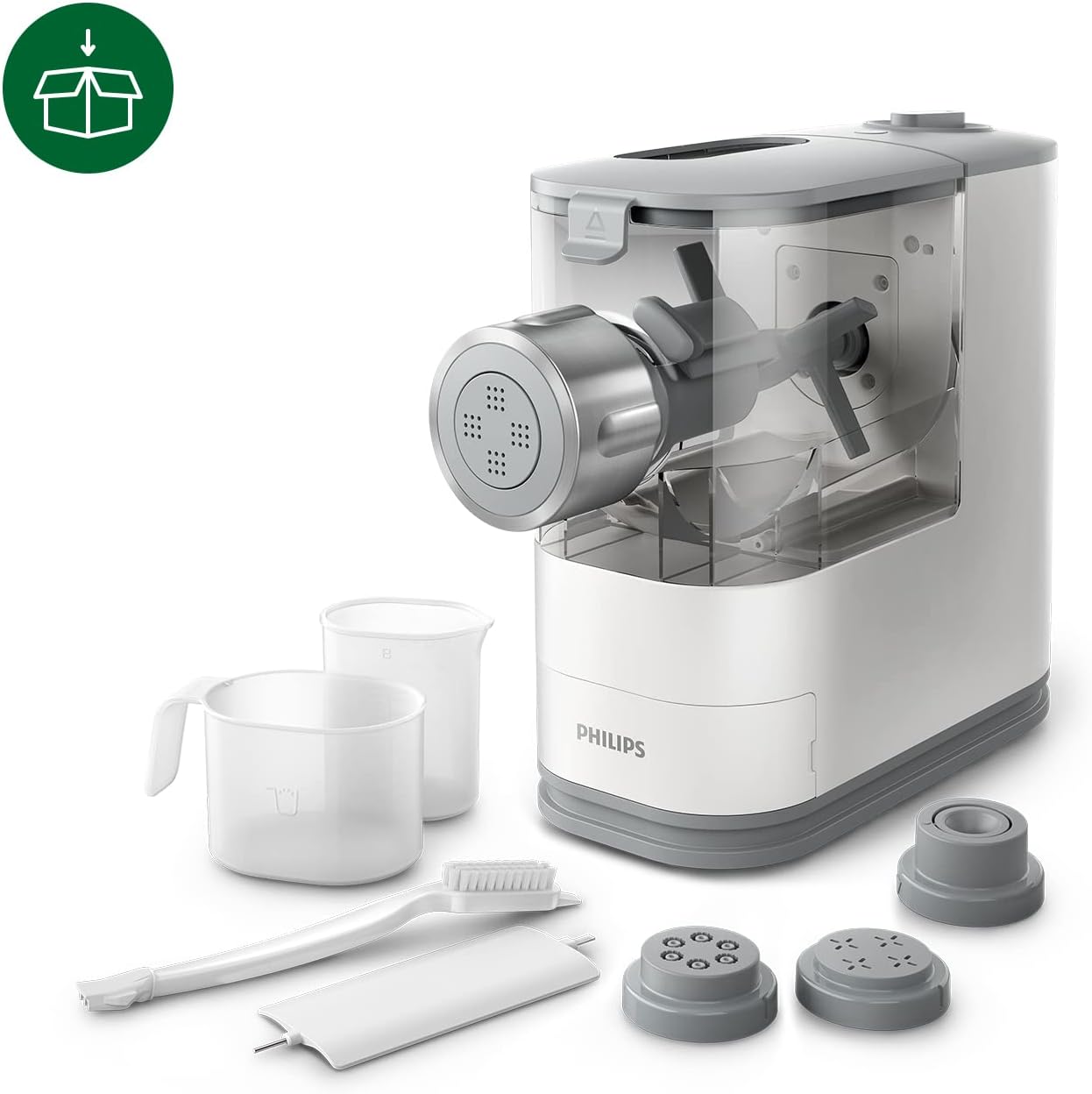 Machine à pâtes Philips - Entièrement automatique, pesée automatique, 4 moules, livre de recettes, blanc/gris clair coucher de soleil (HR2345/19)