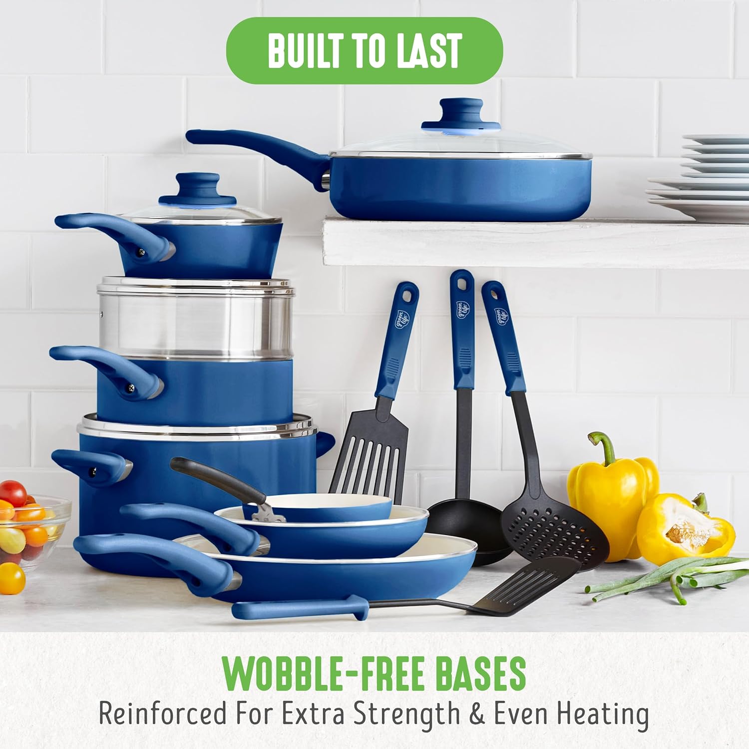 GreenLife Soft Grip 16-teiliges Antihaft-Keramik-Kochgeschirr-Set, bestehend aus Bratpfanne, Stielkasserolle und Topf, PFAS-frei, spülmaschinenfest, ofenfest, türkis