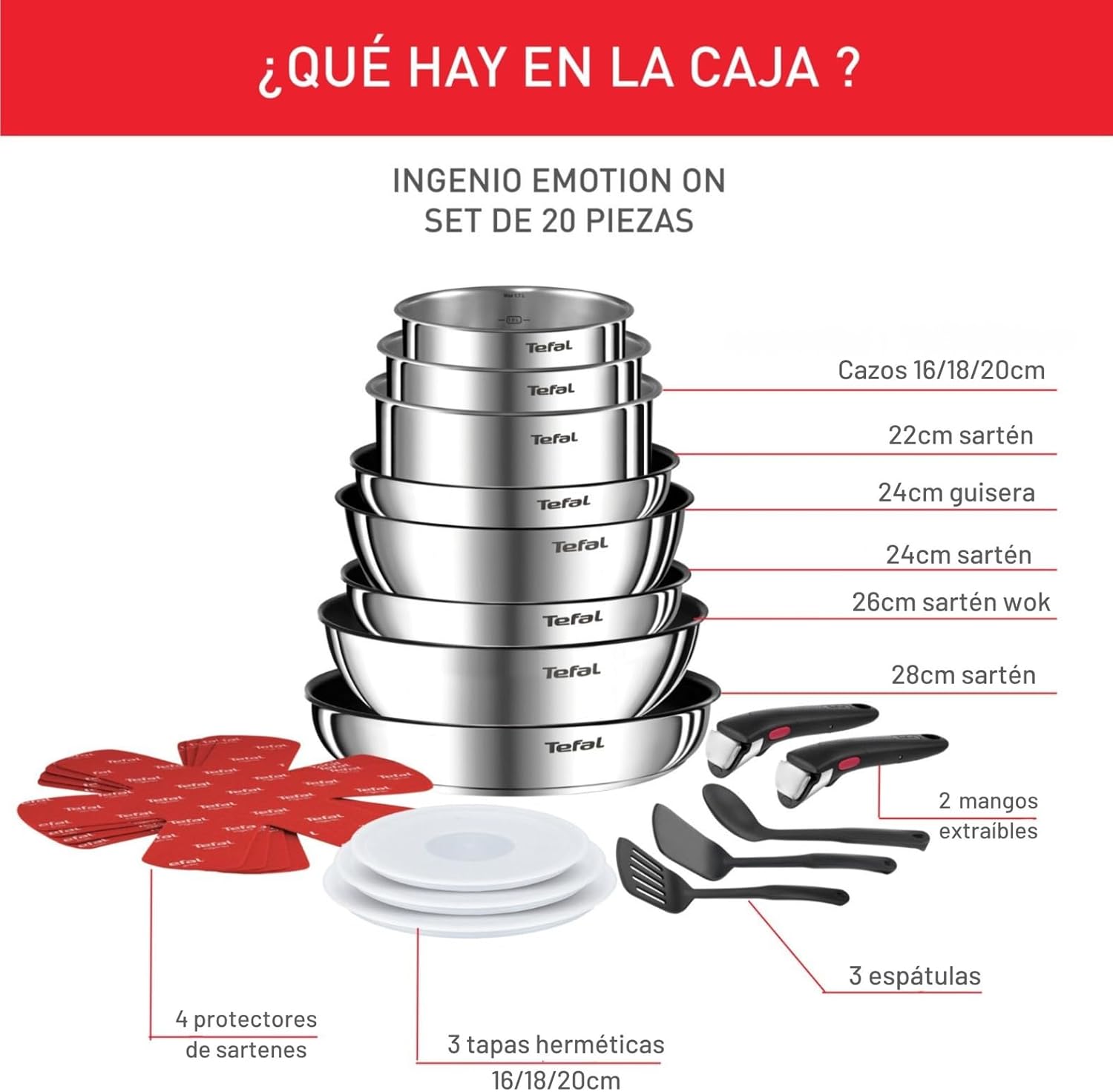 Tefal Ingenio Emotion Sæt med 3 stegepander 22/24/28 cm + 3 kasseroller 16/18/20 cm + gryderet 24 cm + wok 26 cm + 12 tilbehør | Induktionssikker, non-stick, tåler opvaskemaskine og ovn