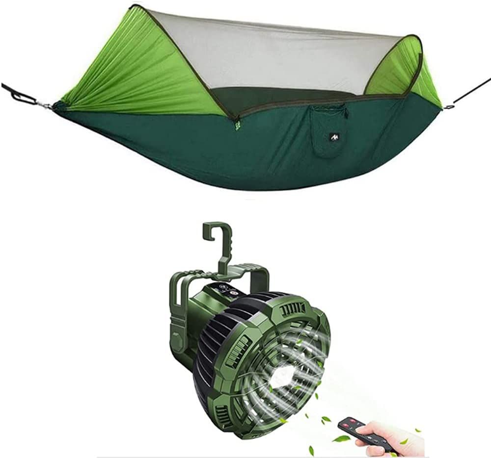 AYAMAYA Campinghængekøje med myggenet og solskærm + genopladelig campingventilator med LED-lys