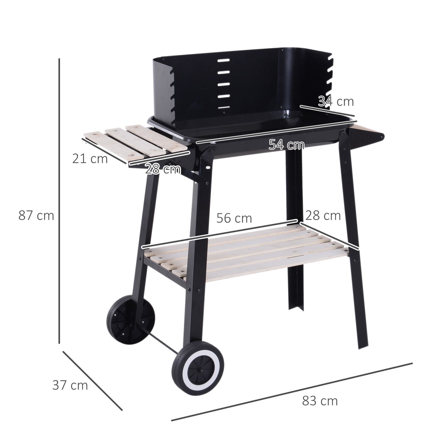 Outsunny Holzkohlegrill mit Rädern und Ablage 83x37x87cm Schwarz