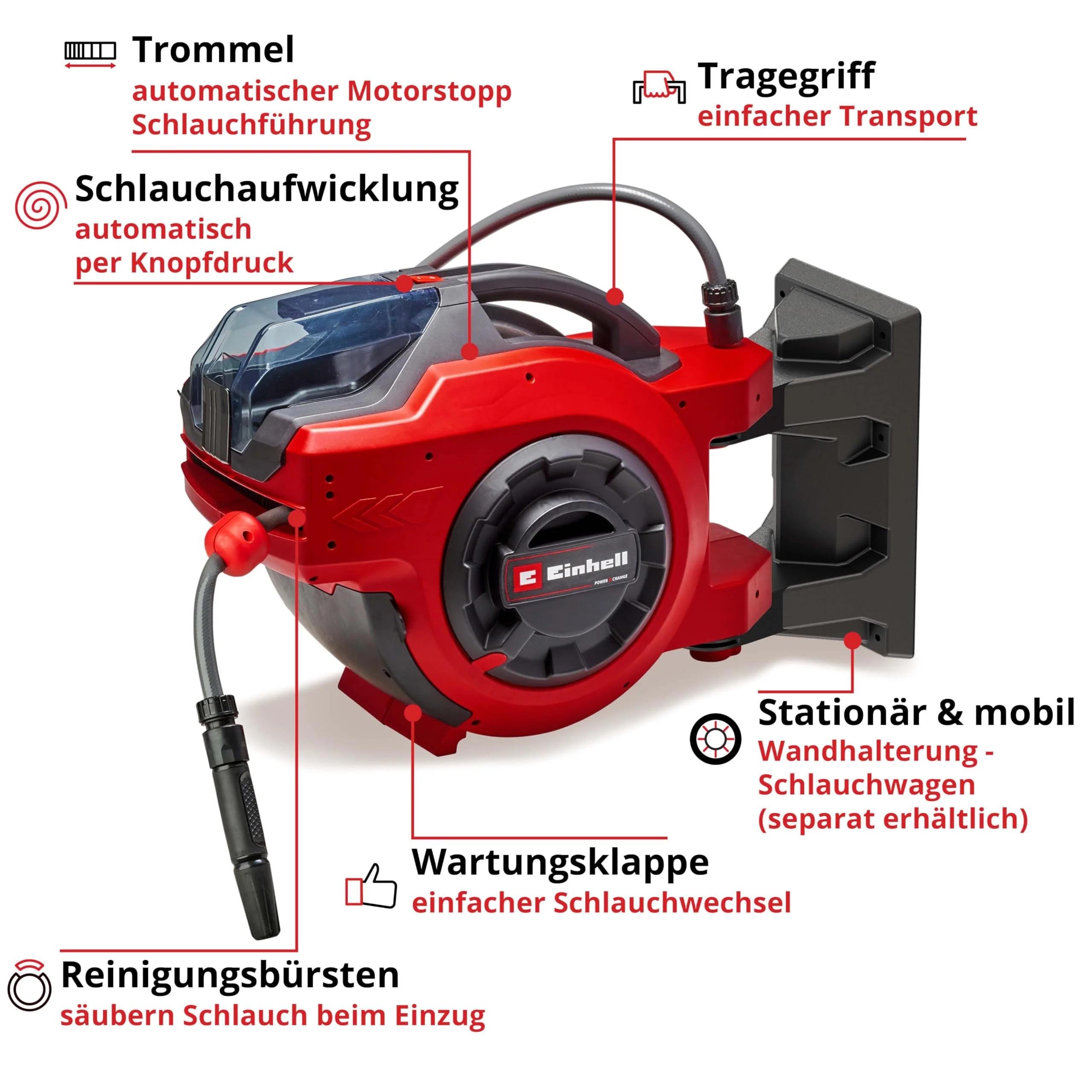 2025 Einhell GE-HR 18/30 Li-Solo Power X-Change batterislangeopruller (18V, automatisk oprulning, 180° rotation, vægmontering, 30m haveslange med sprøjte, batteri medfølger ikke)