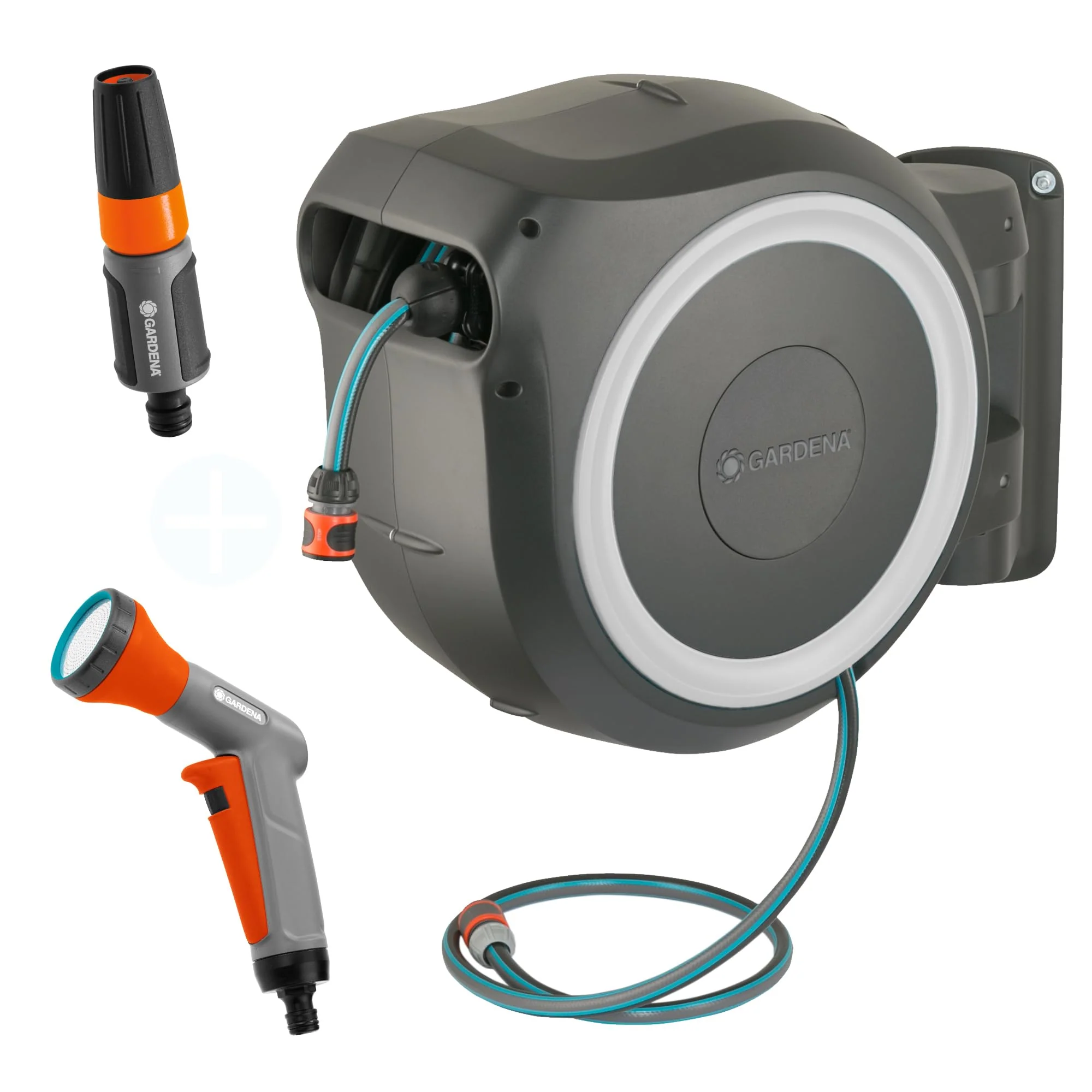2025 Gardena RollUp XL 35m vægmonteret slangeopruller Eksklusiv udgave: Fleksibel vanding til store haver. Roterende slangeopruller med 35m slange, bruser og rengøringsspray (18632-60)