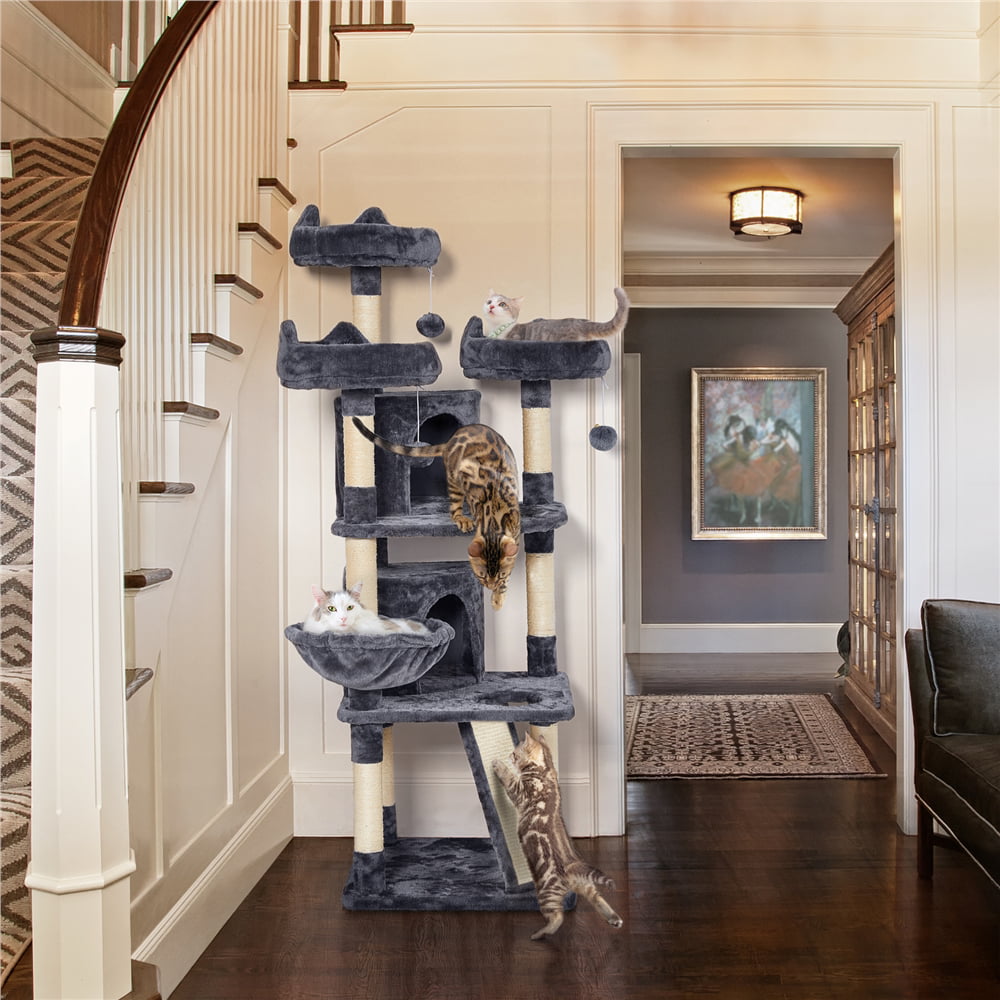 Topeakmart Katzenbaum, groß, 175 cm, mit 2 Höhlen und Kratzstämmen. Dunkelgrau