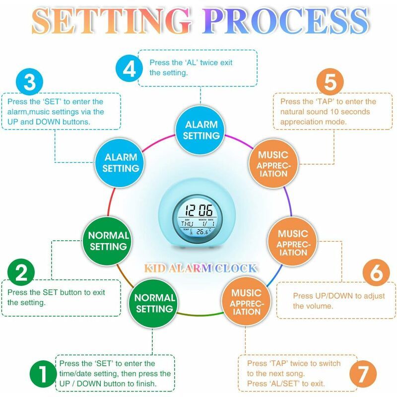 Digitalt vækkeur til børn, 7 farver, børnevækkeur med lampe og kalender og termometer, kreativt rundt vækkeur med LED-natlys til børn og babyer (farve)