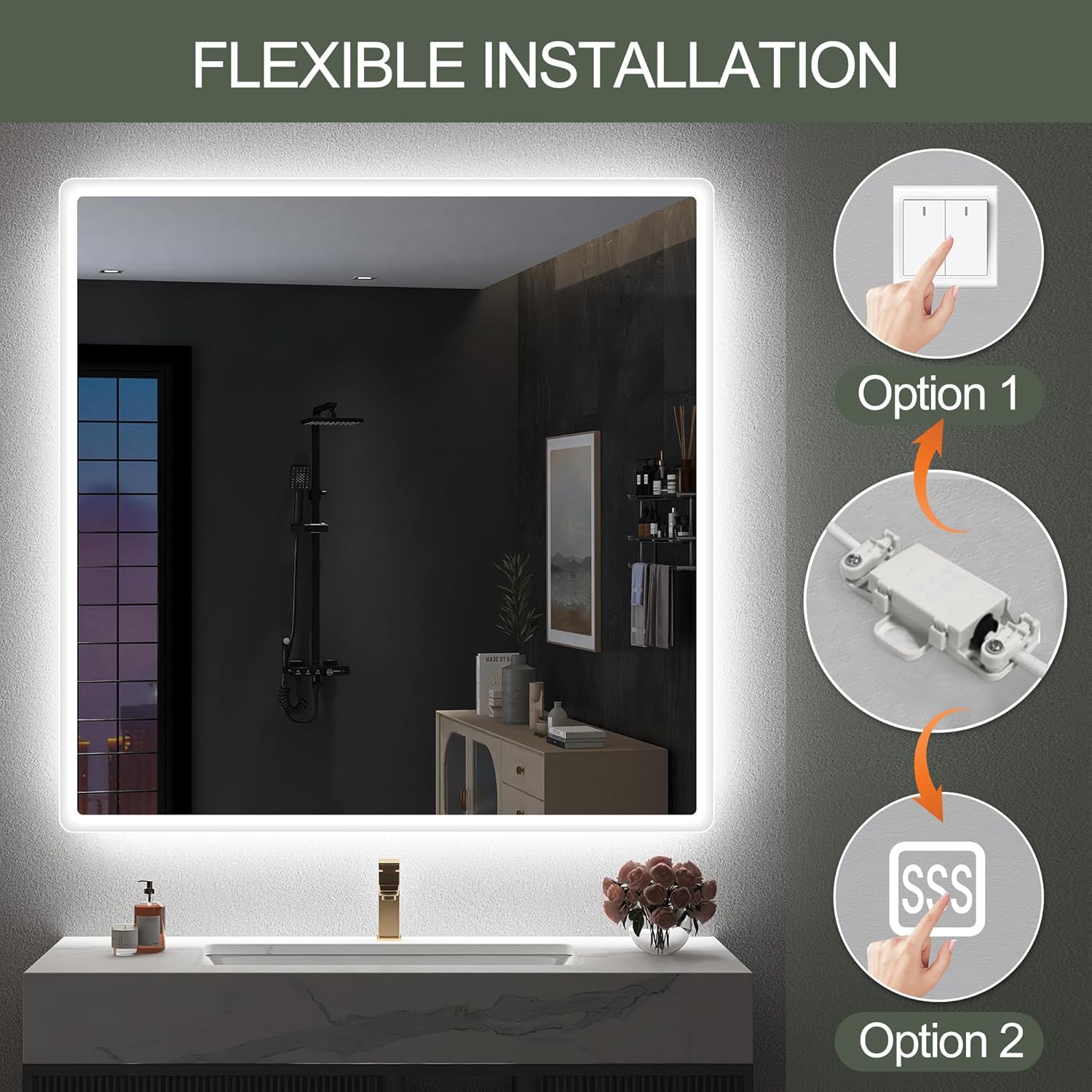 S'bagno badeværelsesspejl med lys 1200x700mm, IP44 - badeværelsesspejl med LED og Bluetooth, antidugfunktion / 3 lysfarver (3000K, 4000K, 6500K) / Dæmpbar / Memory, lodrette eller vandrette badeværelsesspejle med LED