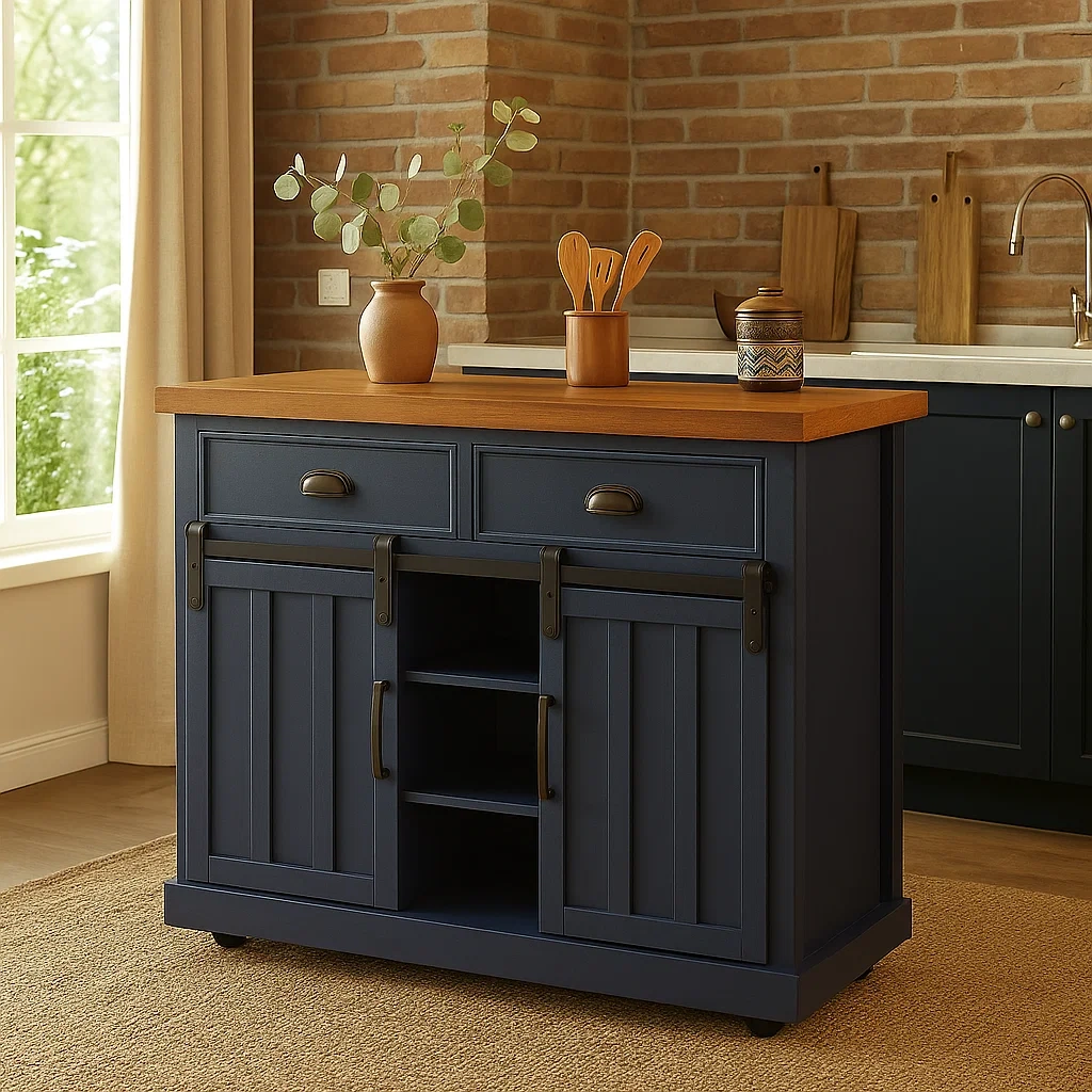Îlot de cuisine rectangulaire en MDF bleu foncé, avec plan de travail marron, portes coulissantes, tiroirs et étagères ouvertes, 117 x 40 x 88 cm, pour usage domestique. - 9Y4AafUfCwhm