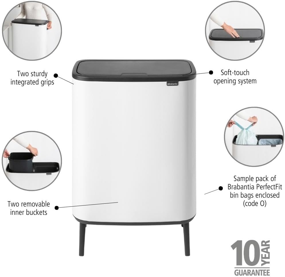 Brabantia Bo Hi Touch Ein-Knopf-Öffnungsmechanismus, 2 x 30-Liter-Abfalleimer mit Füßen, weiß