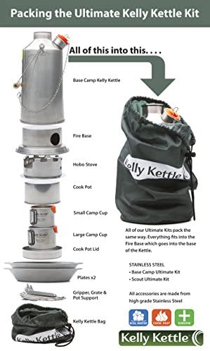 Ultimate Scout Kelly Kettle Kit, 113 cl - Rustfrit stål campingkedel, Letvægtskedel med fløjten, Campingkomfur til fiskeri, jagt, vandreture, overlevelsesudstyr
