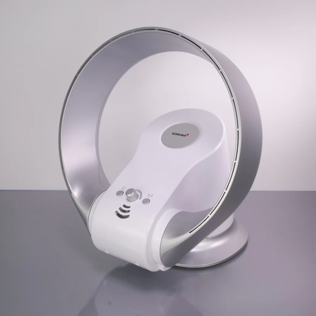 Korona 81008, 2025, blattloser Wand- und Tischventilator. 26 W. Silber und Weiß.