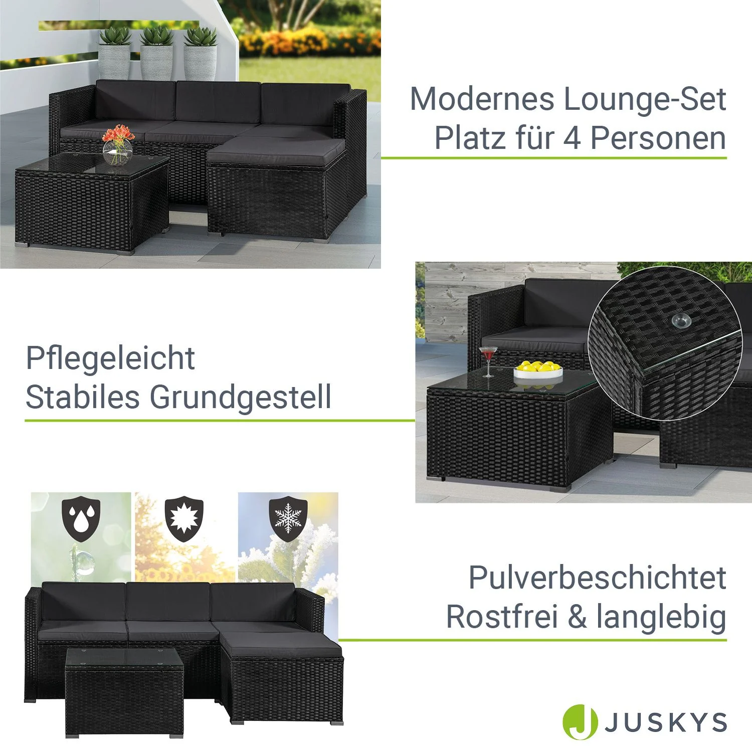 Ensemble de jardin en résine tressée Punta Cana M 2025, noir avec coussins gris