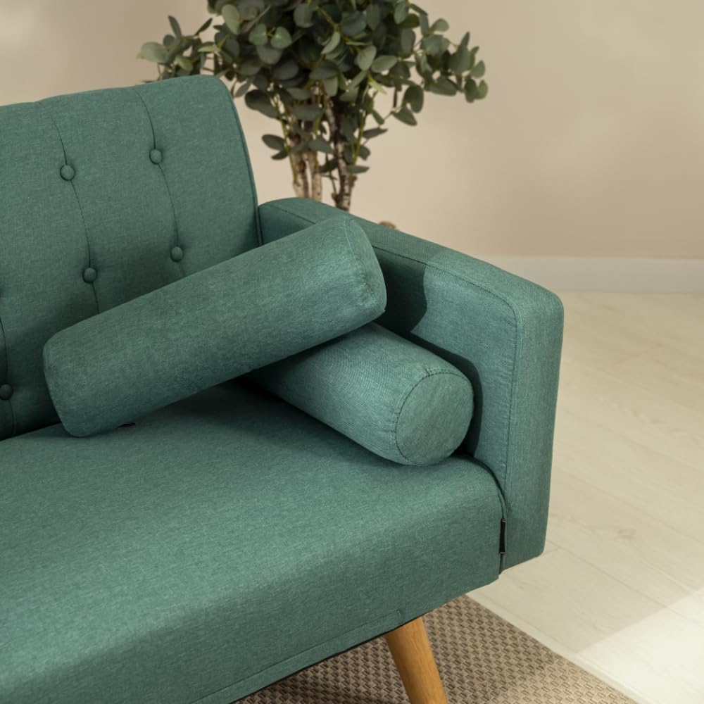 Nalui – 3-Sitzer-Schlafsofa, gepolstert, 203 x 82 x 78 cm, One Dots, mit 2 Kissen und Klick-Klack-Öffnungsmechanismus mit mehreren Liegepositionen. Chaiselongue-Schlafsofa mit Holzbeinen, umwandelbar in ein Doppelbett | Beige